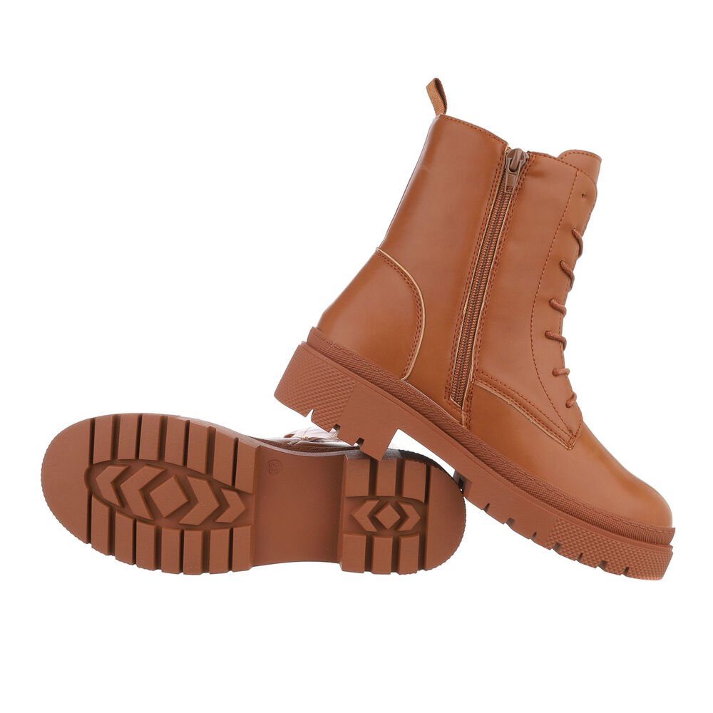 Ital-Design Damen Schnürschuhe Freizeit in Schnürstiefelette Plateaustiefeletten Camel Blockabsatz