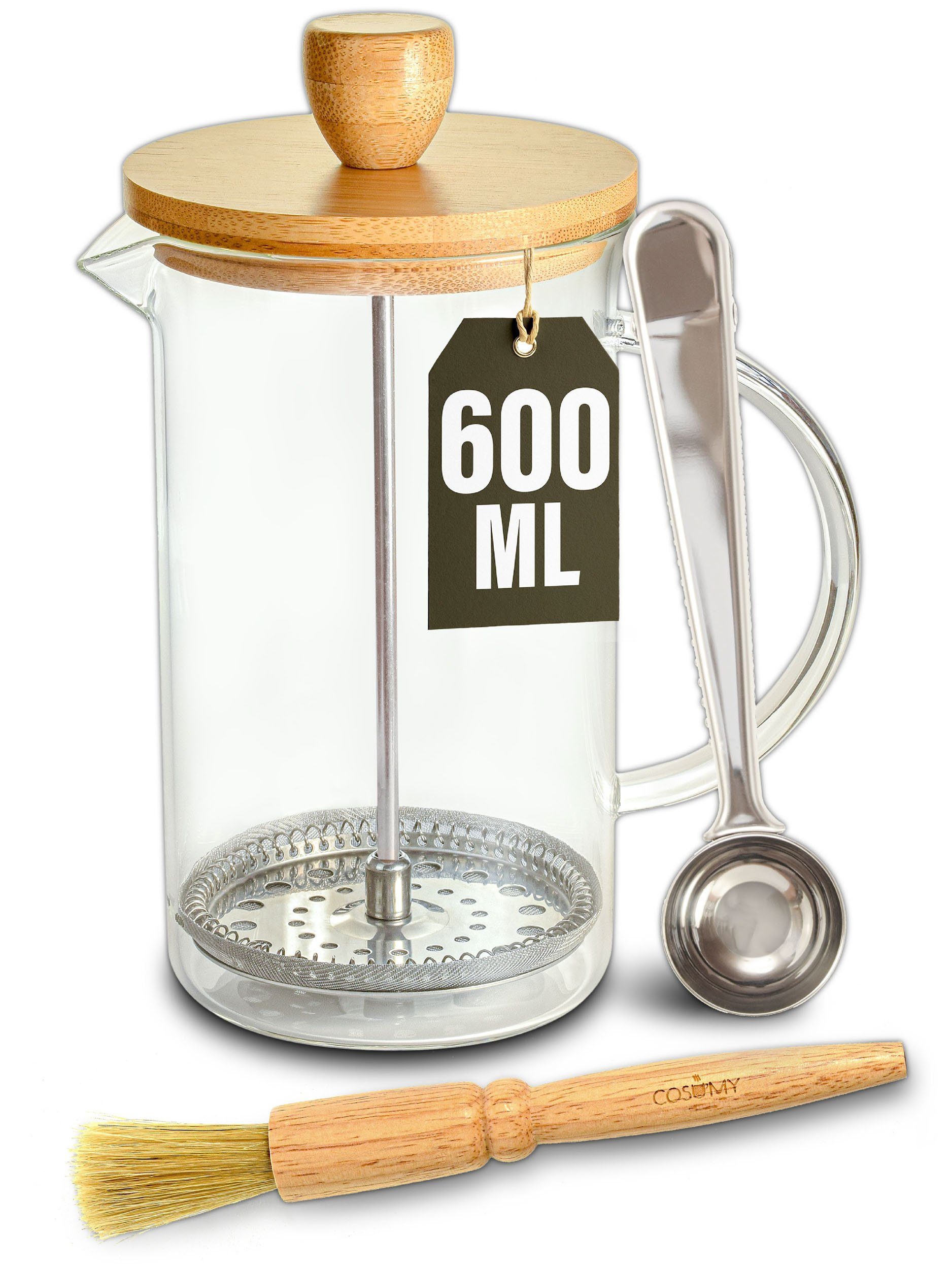 Cosumy French Press Kanne French Press aus Glas (0,6 Liter), 0,6l  Kaffeekanne, Kaffeebereiter für 2 Tassen Kaffee - Mit Dosierlöffel und  Reinigungspinsel online kaufen | OTTO