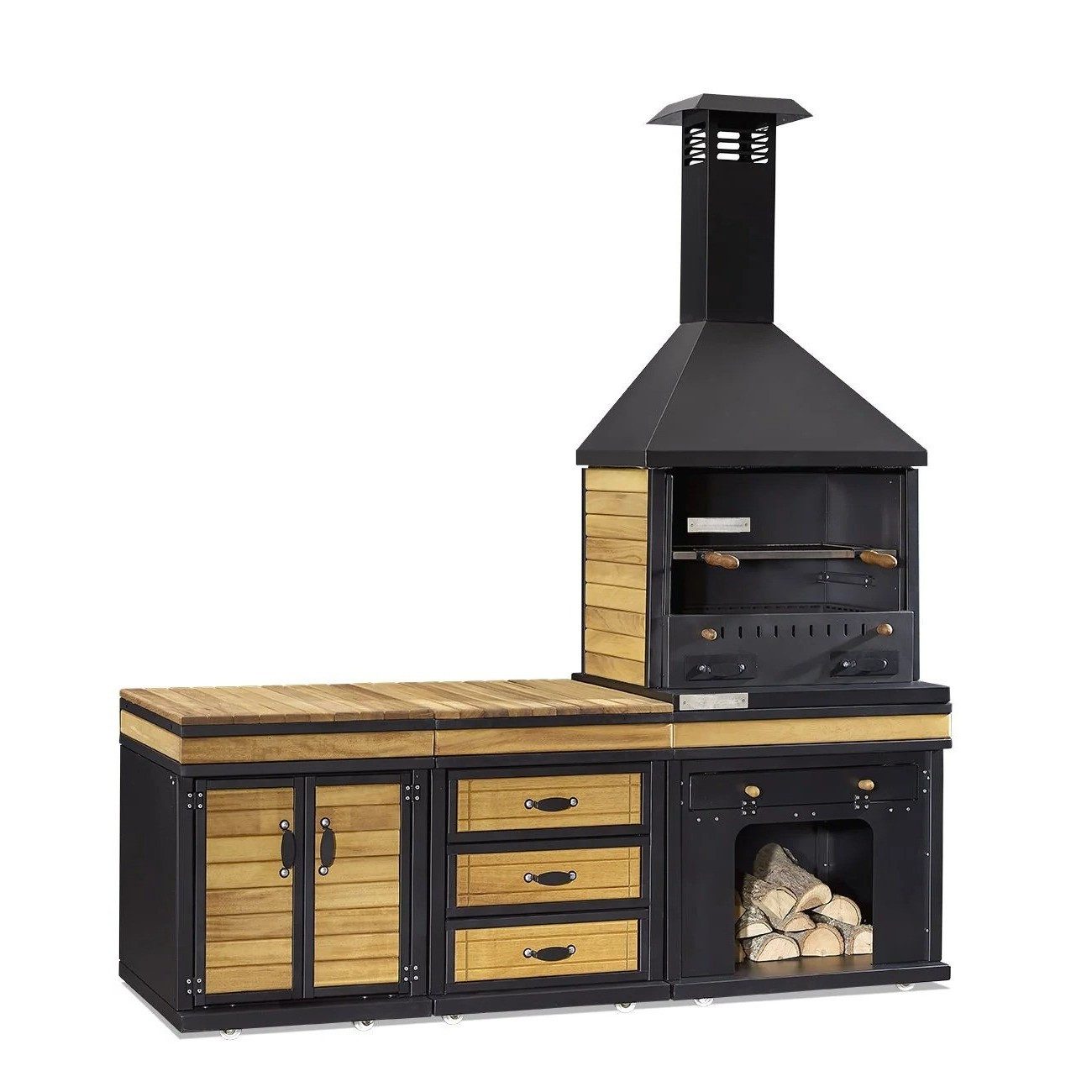 Xlmoebel Outdoor-Küche XLMOEBEL Grillküche aus Holz und Edelstahl in Schwarz-Braun, Made in Europa