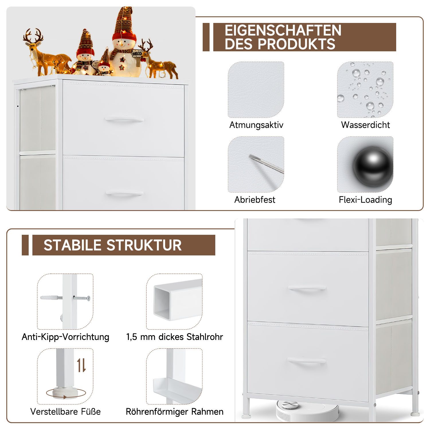 Refined Living Kommode Schubkastenkommode mit 2/4/5 /7/8/9 Schubladen stabilem Stahlrahmen (Beistelltisch mit Holzoberfläche und Stoffschubladen Modernes Design, Kommode Wohnzimmer mit Stabiler Stahlrahmen, Holzplatte 95cm Hoch), Kommode Geeignet für Kleidung, Kinder, Wohnräume, Flure, Eingänge