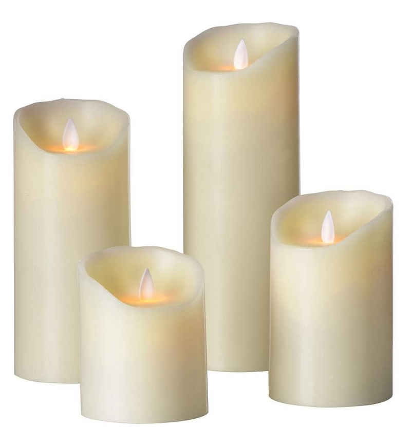 SOMPEX LED-Kerze »4er Set Flame LED Kerzen elfenbein 10/12,5/18/23cm« (Set, 4-tlg., 4 Kerzen, Höhe 10/12,5/18/23cm (je 8cm Durchmesser), integrierter Timer, Echtwachs, täuschend echtes Kerzenlicht, Fernbedienung separat erhältlich