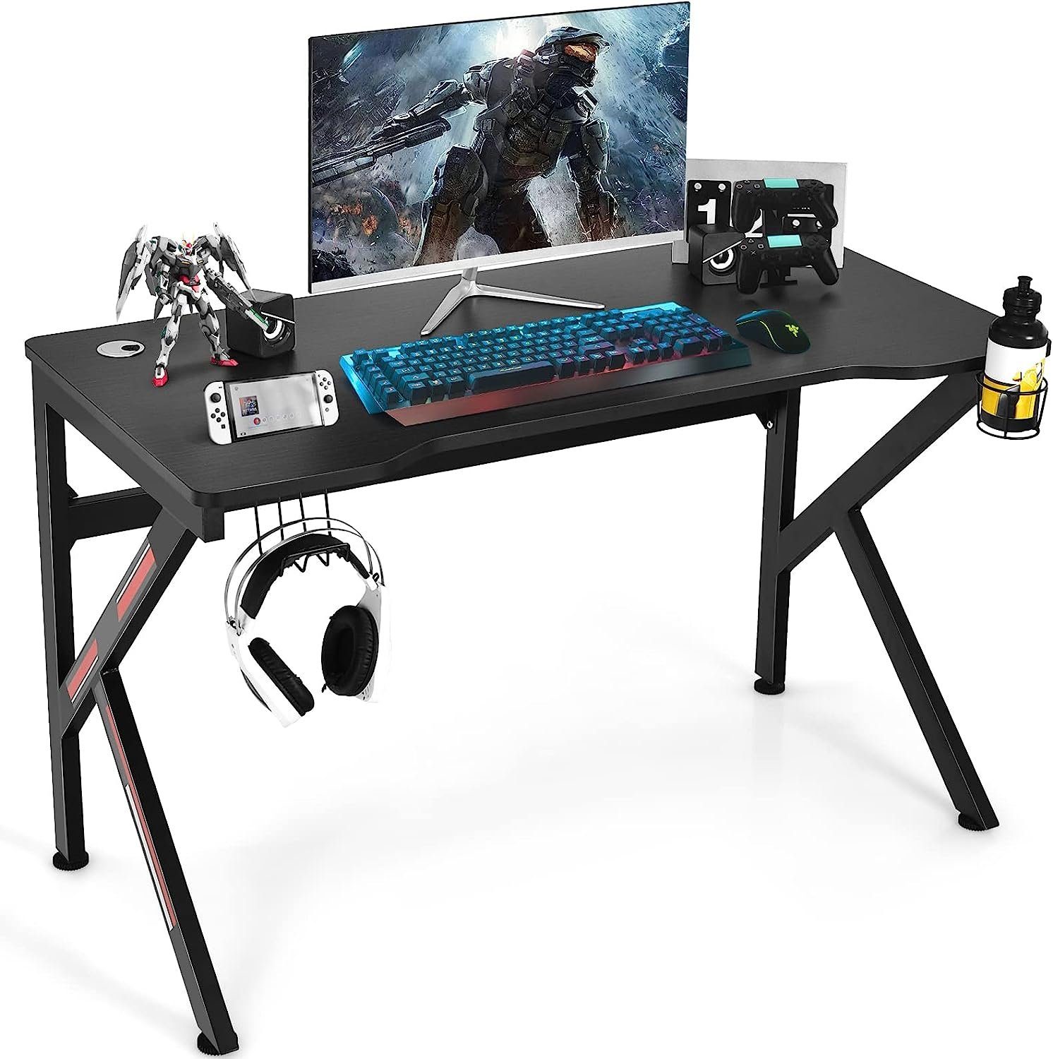 KOMFOTTEU Computertisch 110×60cm Gaming Tisch, mit Kopfhörerhaken & Getränkehalter