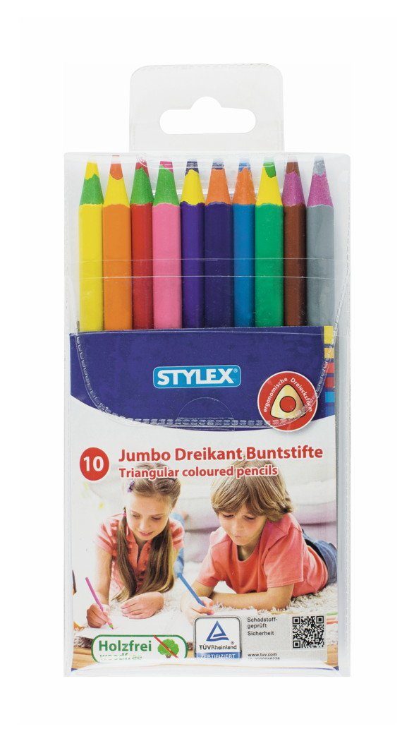 Stylex Schreibwaren Buntstift 10 dicke Jumbo Dreikant-Buntstifte / 10 verschiedene Farben