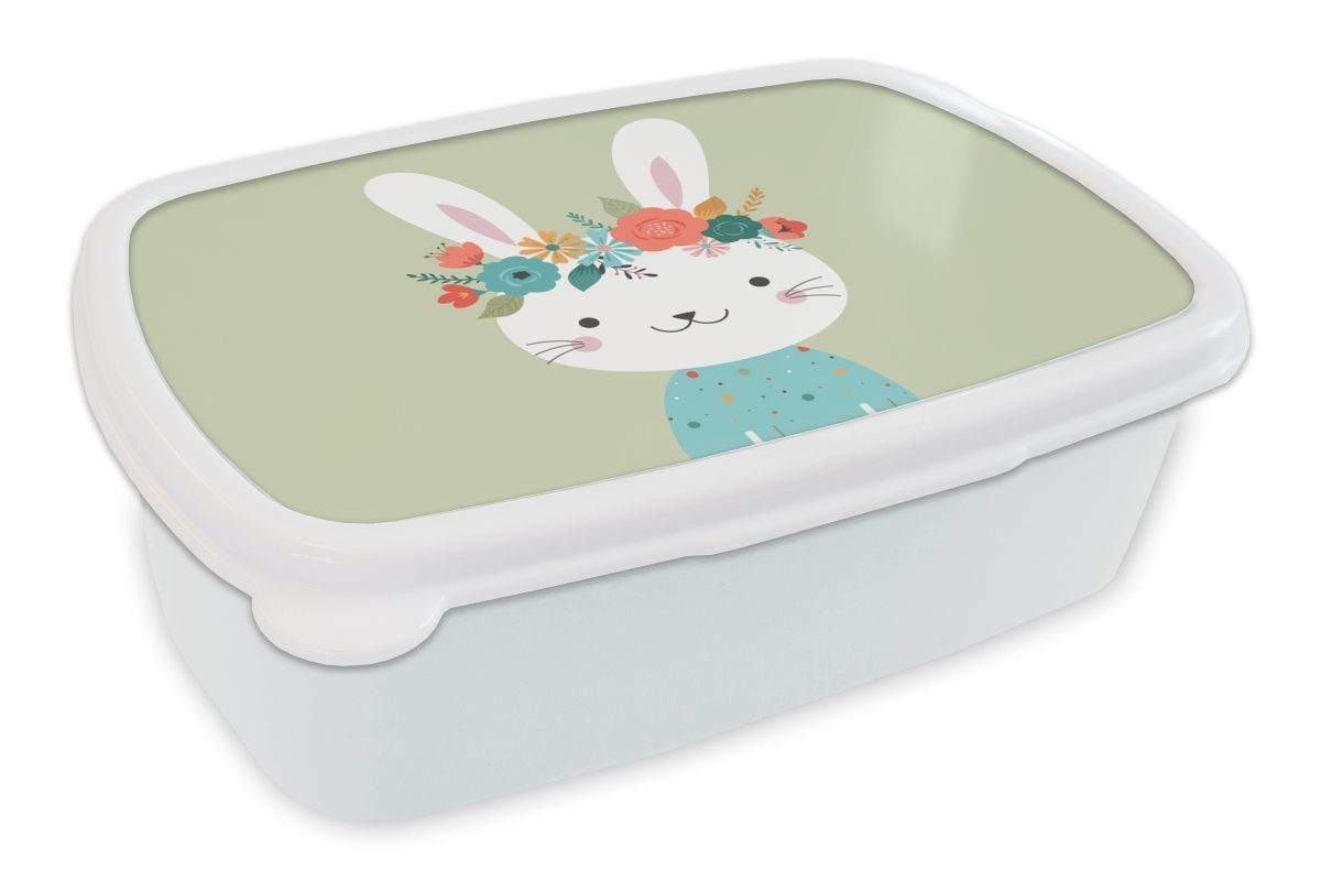 MuchoWow Lunchbox Kaninchen - Sommer - Blumen, Kunststoff, (2-tlg), Brotbox für Kinder und Erwachsene, Brotdose, für Jungs und Mädchen weiß
