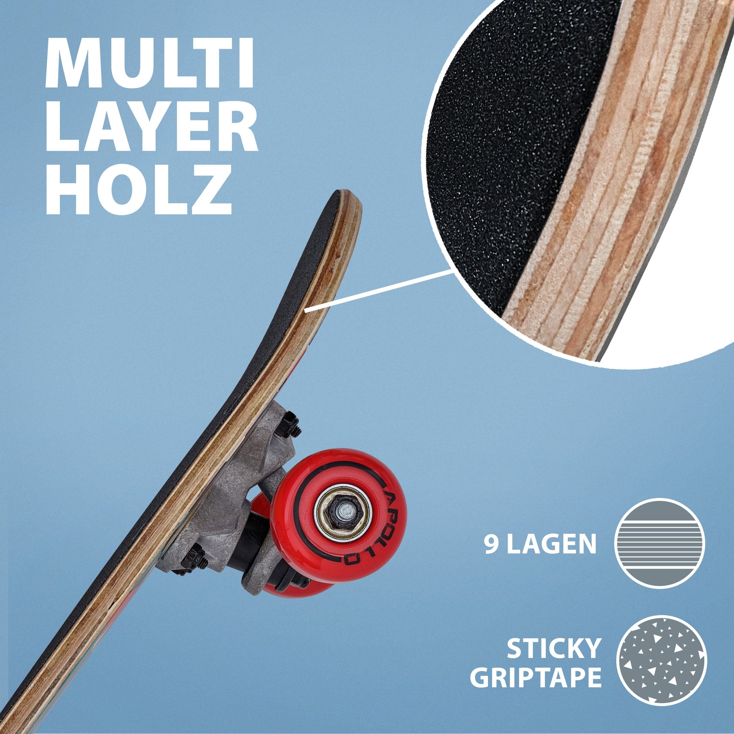 Apollo Skateboard Kinderskateboard 20" Kinder, Longboard, ABEC 3 und Aluminium Achsen – Bild 4 von 5