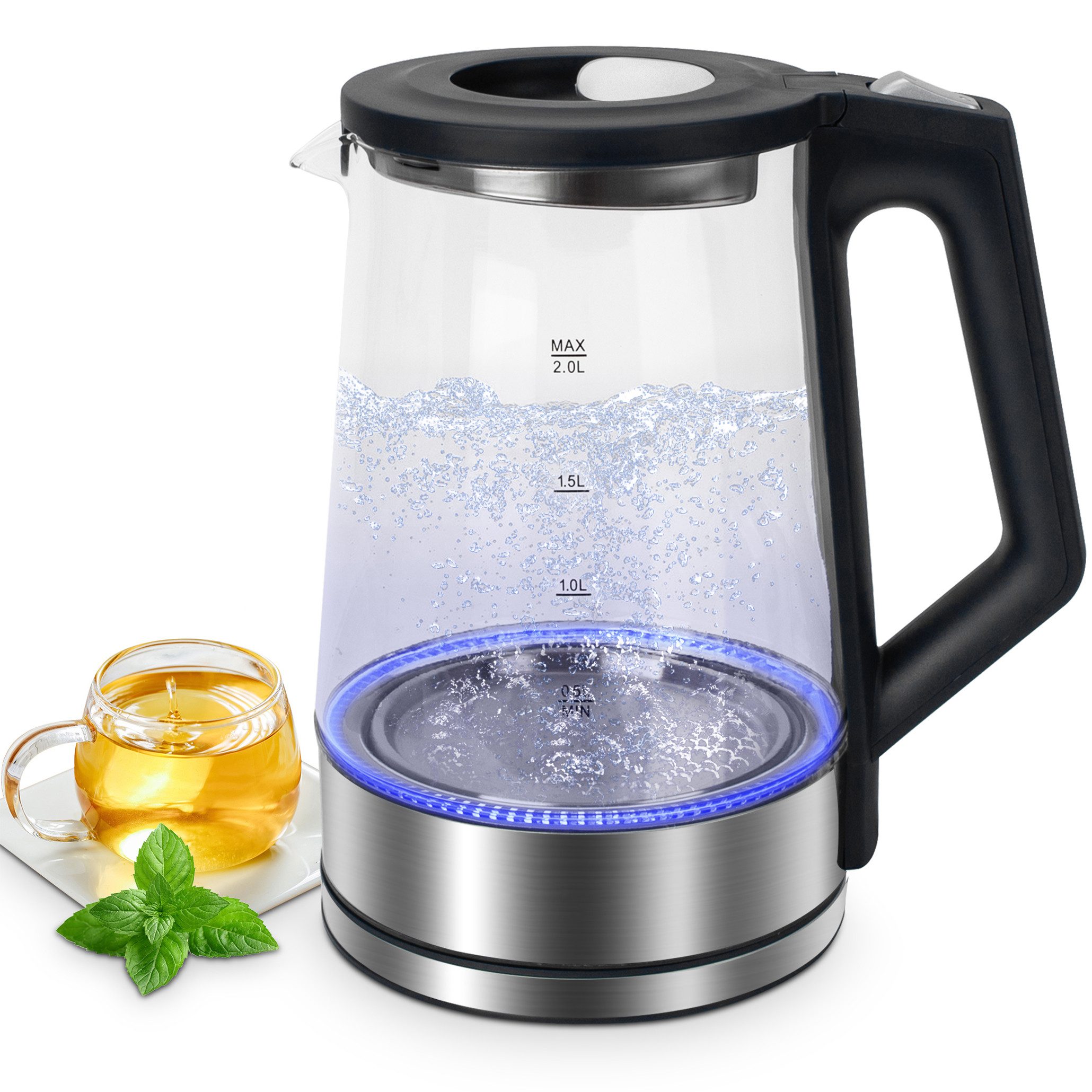 BRAIDOL Елктрочайники Edelstahl Glaswasserkocher mit LED Beleuchtung, Glas Елктрочайники, 2 l, 1800,00 W, Abschaltautomatik,Trockengehschutz,BPA Frei,360° Basis