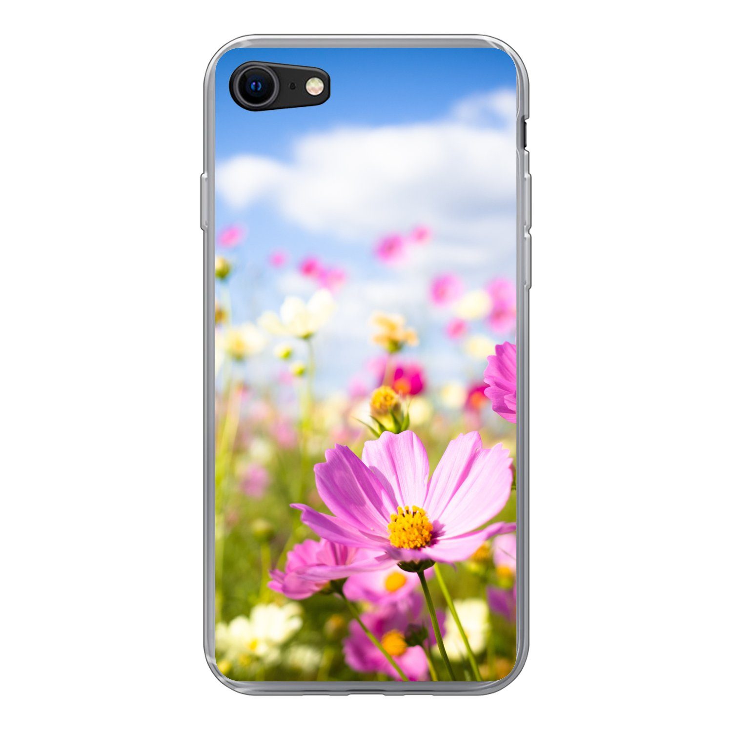 MuchoWow Handyhülle für Apple iPhone 8 Blumen - Wiese - Lila - Gras - Weiß - Wolken - Blau, Smartphone-Bumper, Print, Handy Schutzhülle Dünn