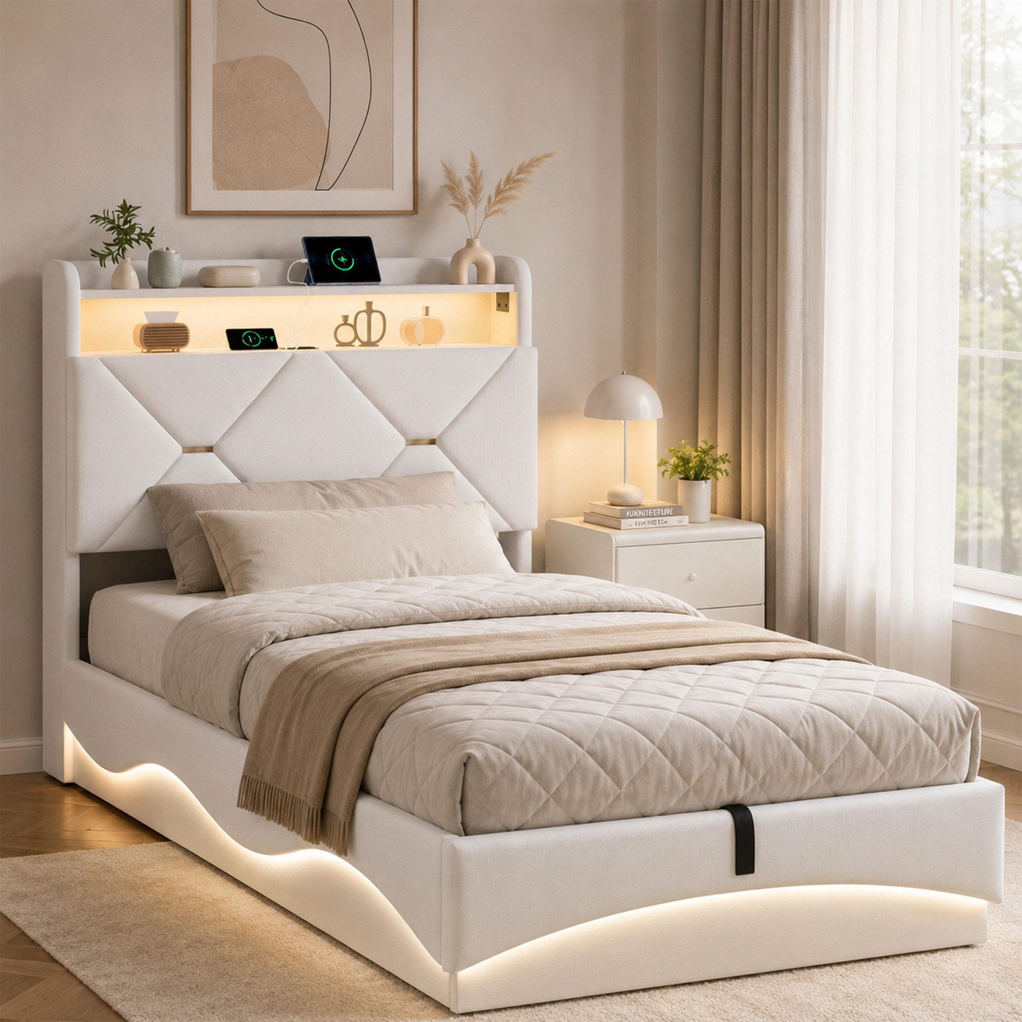 Simurq Stauraumbett Polsterbett 90x200 aus Samt, Einzelbett mit Bettkasten, Jugendbett (Kopfteil-Stauraum und Metall-Holz-Lattenrost), Stauraumbett mit Gasdruckmechanismus, LED-System, Ladestation
