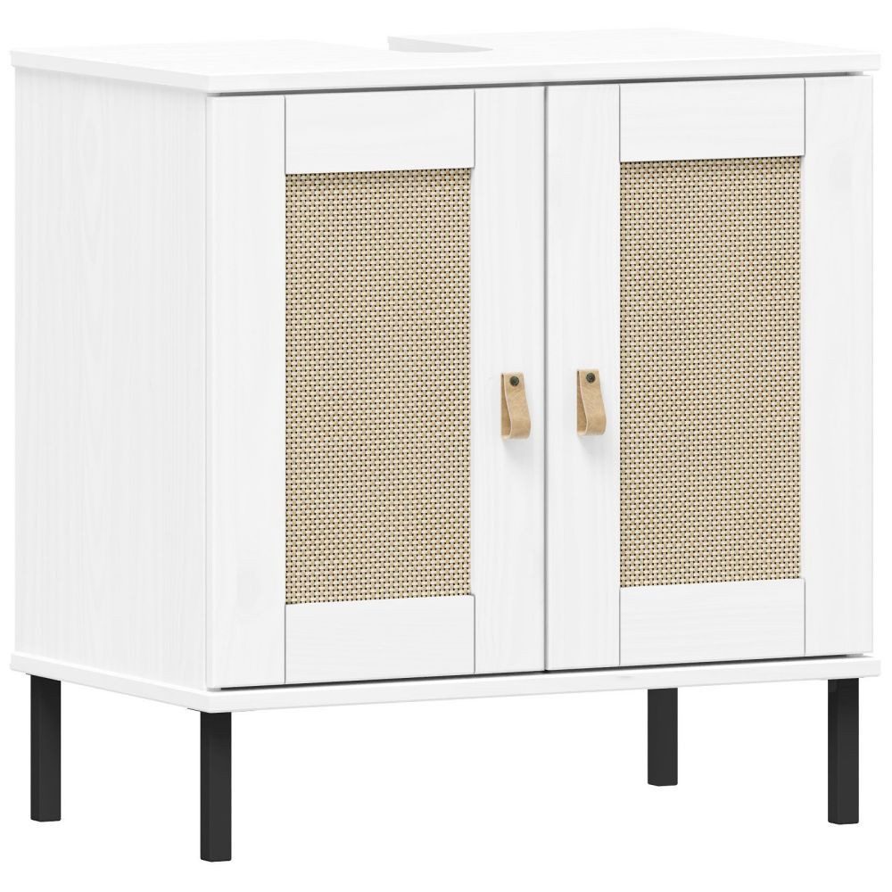 Lomadox Waschbeckenschrank WATFORD-69 in Kiefer massiv weiß, mit Rattaneinsatz, 60 cm breit, Boho Chic