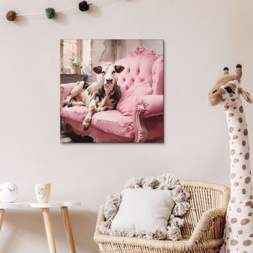 Posterlounge Leinwandbild Ryley Gray, Süße Kuh auf rosa Couch, Kinderzimmer Illustration