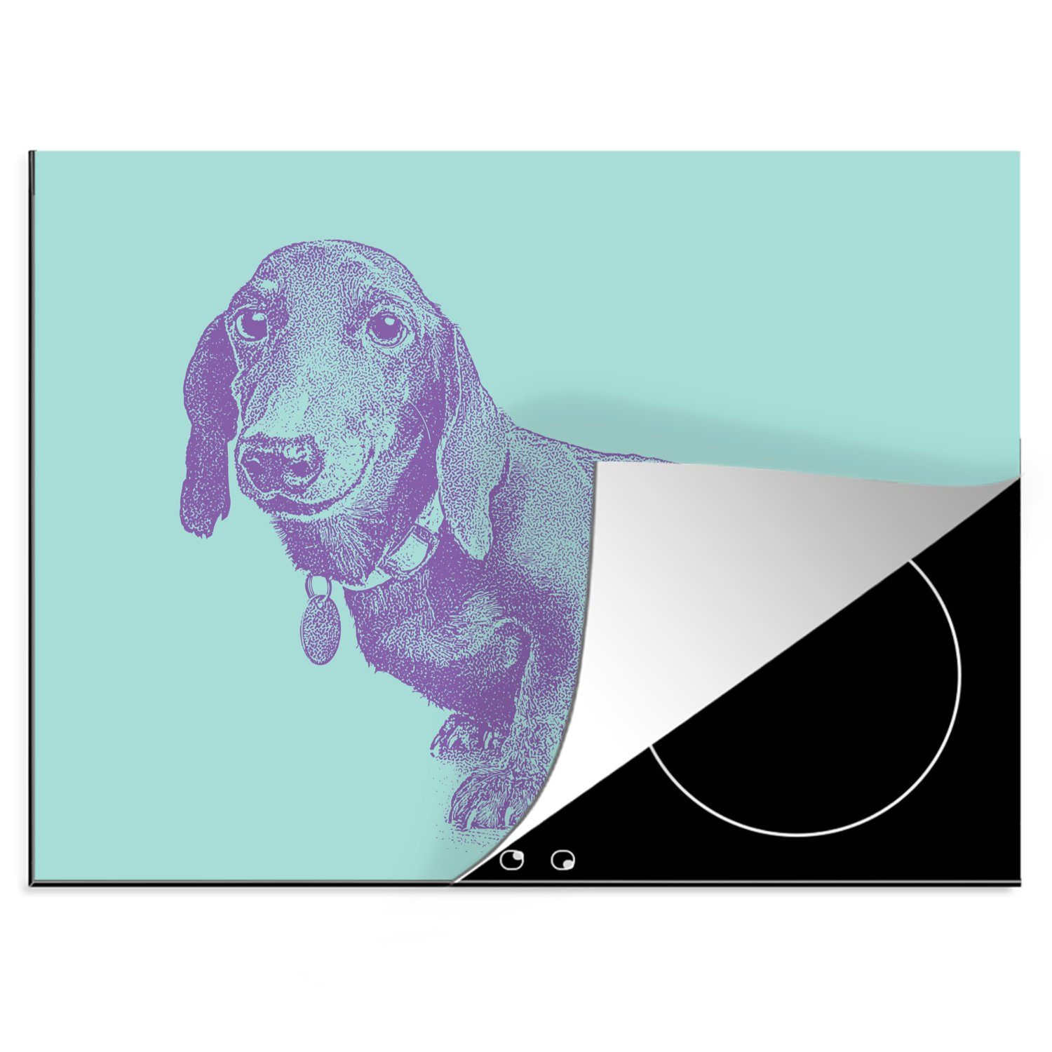 MuchoWow Herdblende-/Abdeckplatte Illustration eines Dackelhundes auf blauem Hintergrund, Vinyl, (1 tlg), 70x52 cm, Mobile Arbeitsfläche nutzbar, Ceranfeldabdeckung