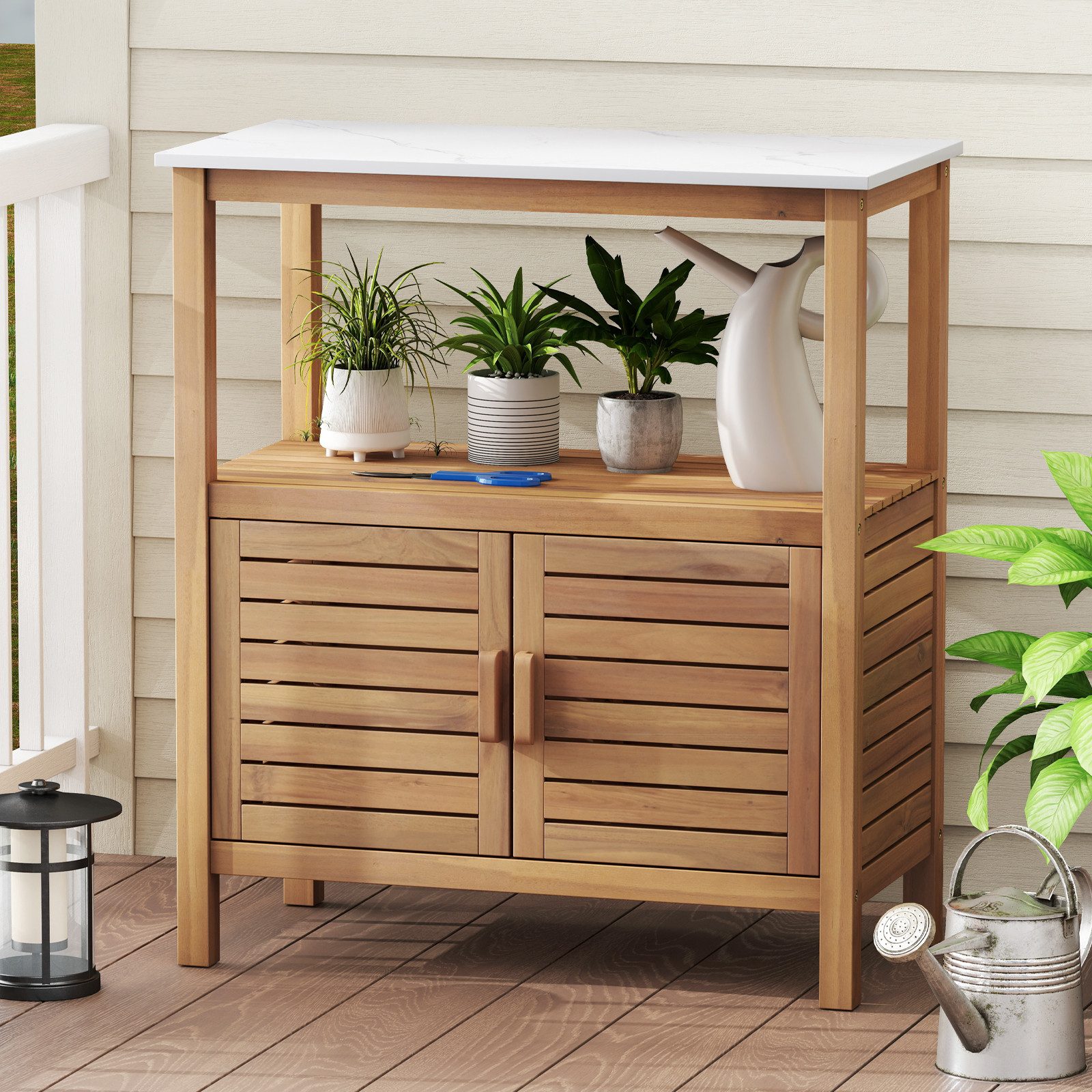 KOMFOTTEU Garten-Geräteschrank, Gartenschrank Beistellschrank mit 2 Ablagen, aus Akazienholz