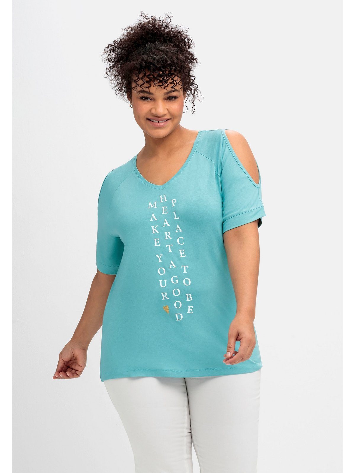 Sheego T-Shirt Große Größen mit Wordingprint und Schulter-Cut-outs | Funktionsshirts