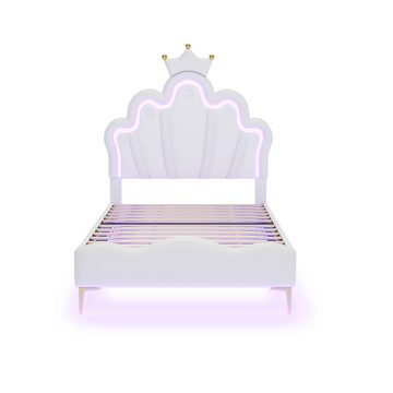 REDOM Polsterbett Kronenförmiges Prinzessinnenbett, Stauraumbett (weiche Polsterung aus kunstleder, verstellbarer LED-Umgebungslichtstreifen, Flaches Doppelbett 90*200cm), ohne Matratze