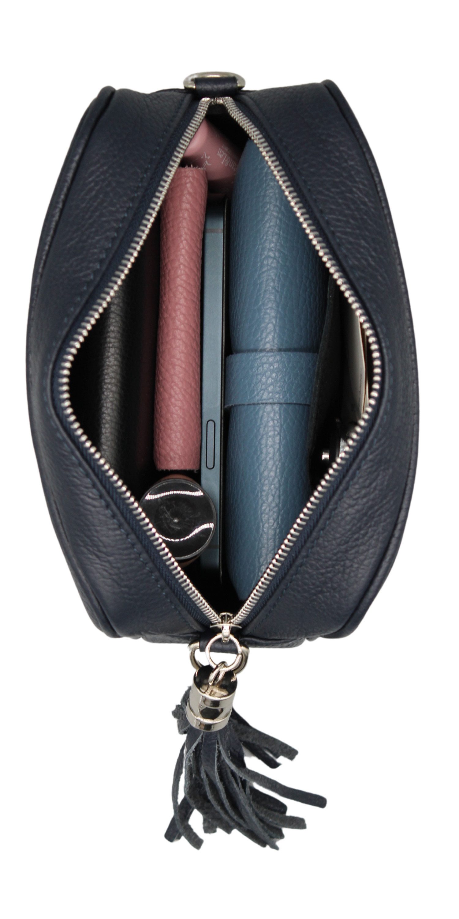 Adel Bags Schultertasche QUASTE Umhängetasche für Damen, Schultertasche, Crossbody Bag, aus echtem Leder, Hergestellt in Italien, mit gemustertem Gürtel