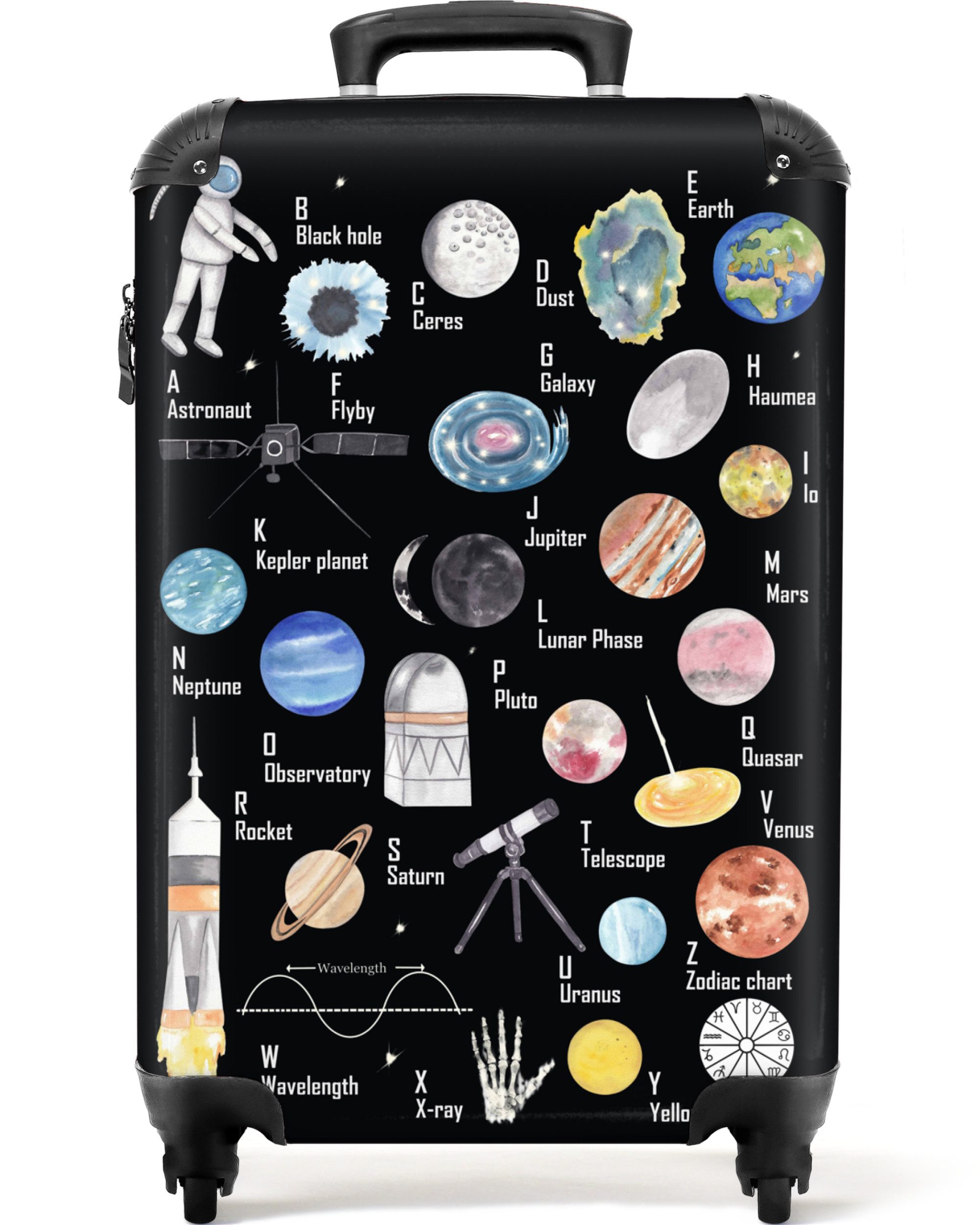 NoBoringSuitcases.com© Kinderkoffer Alphabet - Planeten - Weltraum - Astronaut - Kinder 55x35x20cm, Handgepäck Koffer, Hartschalenkoffer Kinder, Reisekoffer Jungen