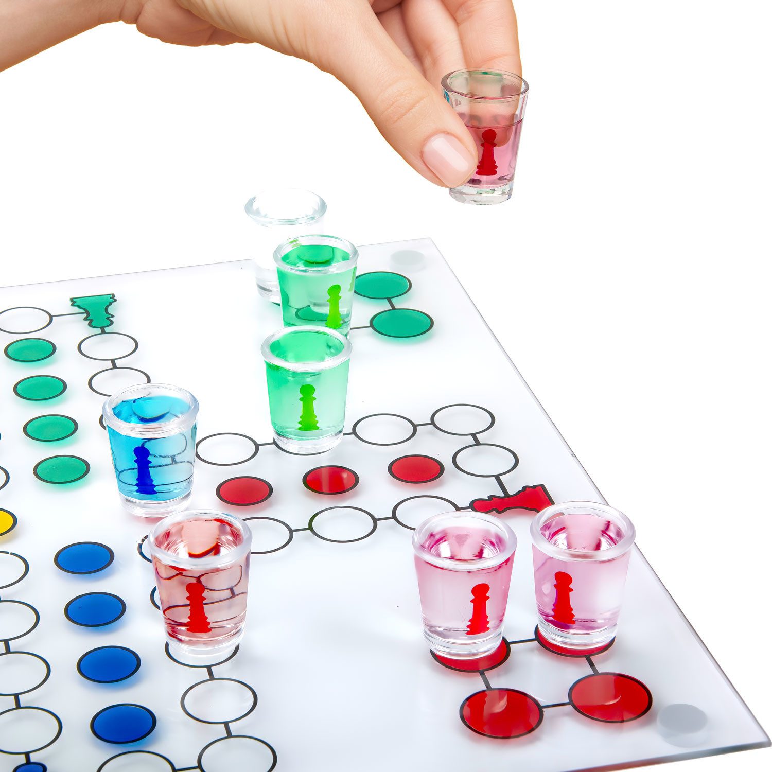 Goods+Gadgets Spiel GOODS+GADGETS Ludo Trinkspiel aus Glas mit 16 Shotgläsern Party, Ludo, Trinkspiel mit Würfel & 16 Shotgläser