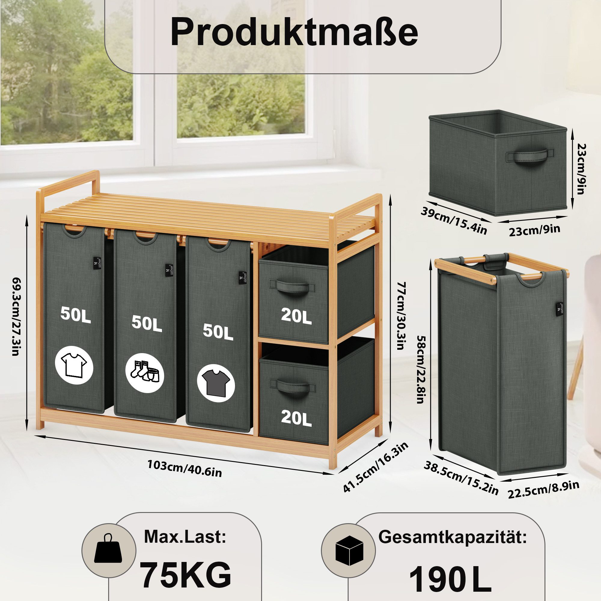 AdelDream Wäschekorb AdelDream Wäschekorb 5 Fächer Wäschesammler – Bild 4 von 5