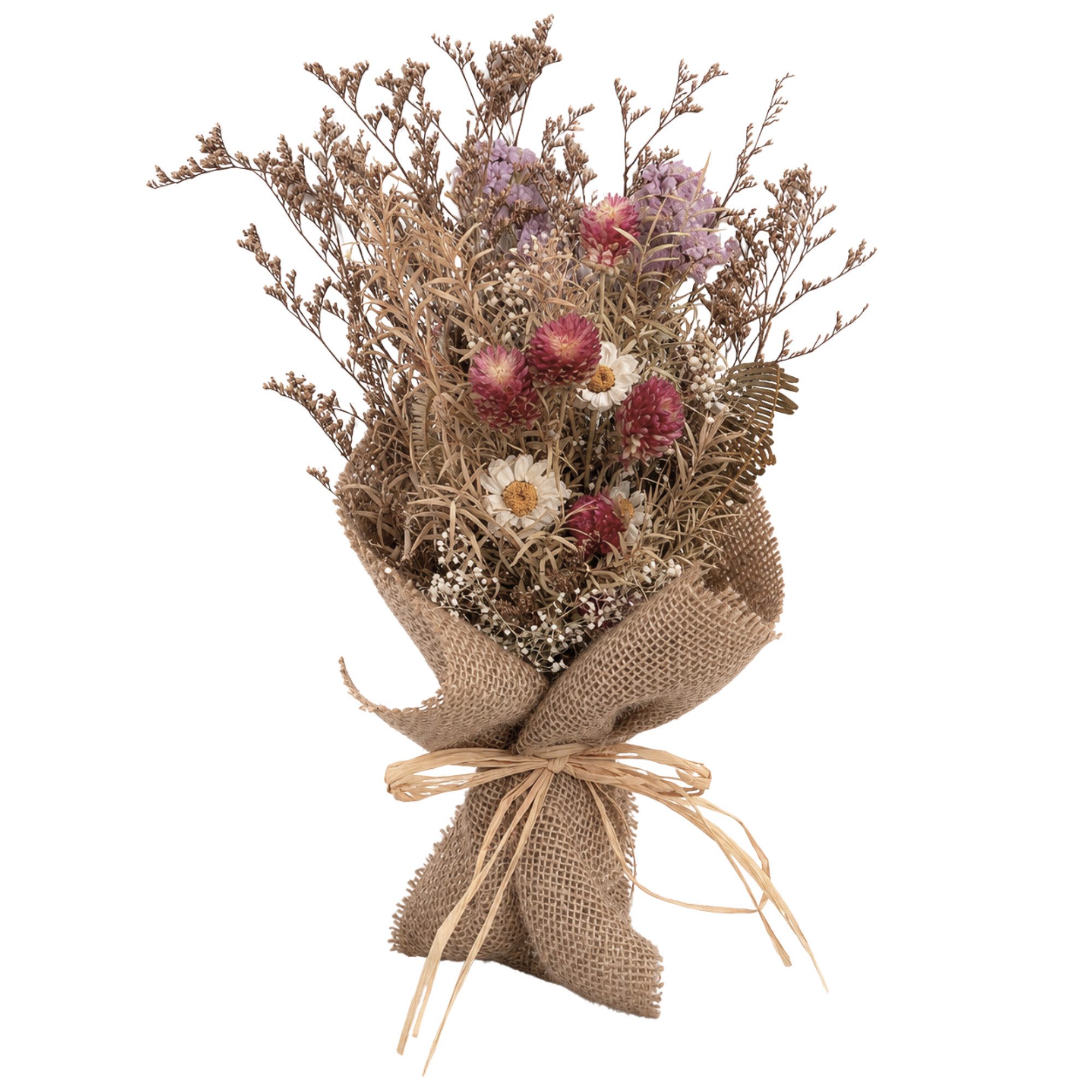 Trockenblume LAYBA Trockenblumenstrauß Natur-Beige-Bordeaux mit Jute, Layba