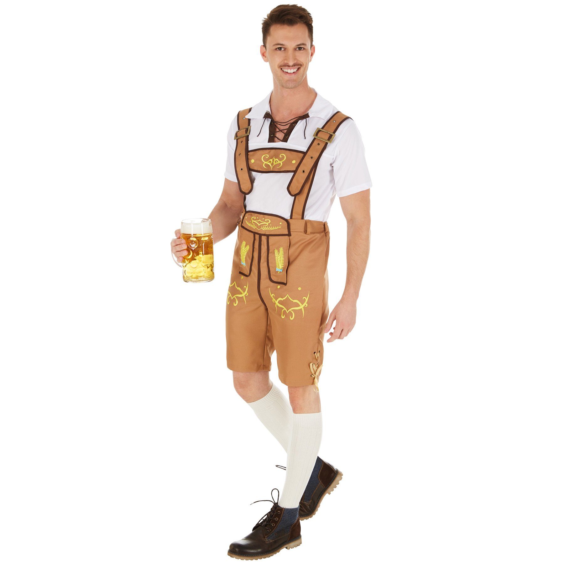 dressforfun Kostüm Lederhose/Herrentracht, in beige, Weißes bequemes, Gr. XL, Shirt hat am Ausschnitt eine Schnürung, Verstellbare H-Träger
