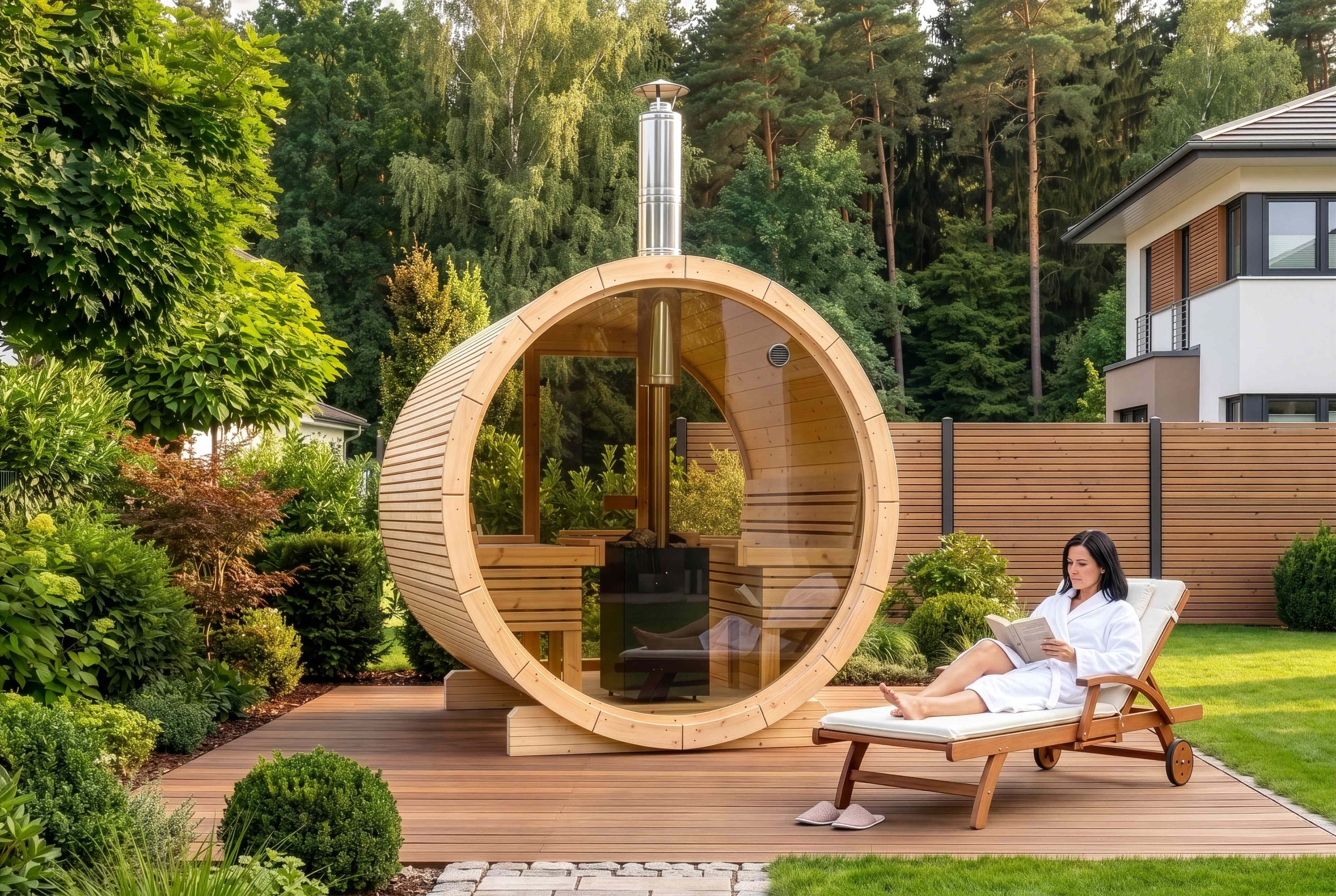 FinnTherm Fasssauna Sebastian, BxTxH: 242 x 230 x 245 cm, 42 mm, in Naturbelassen Inkl. Fußboden