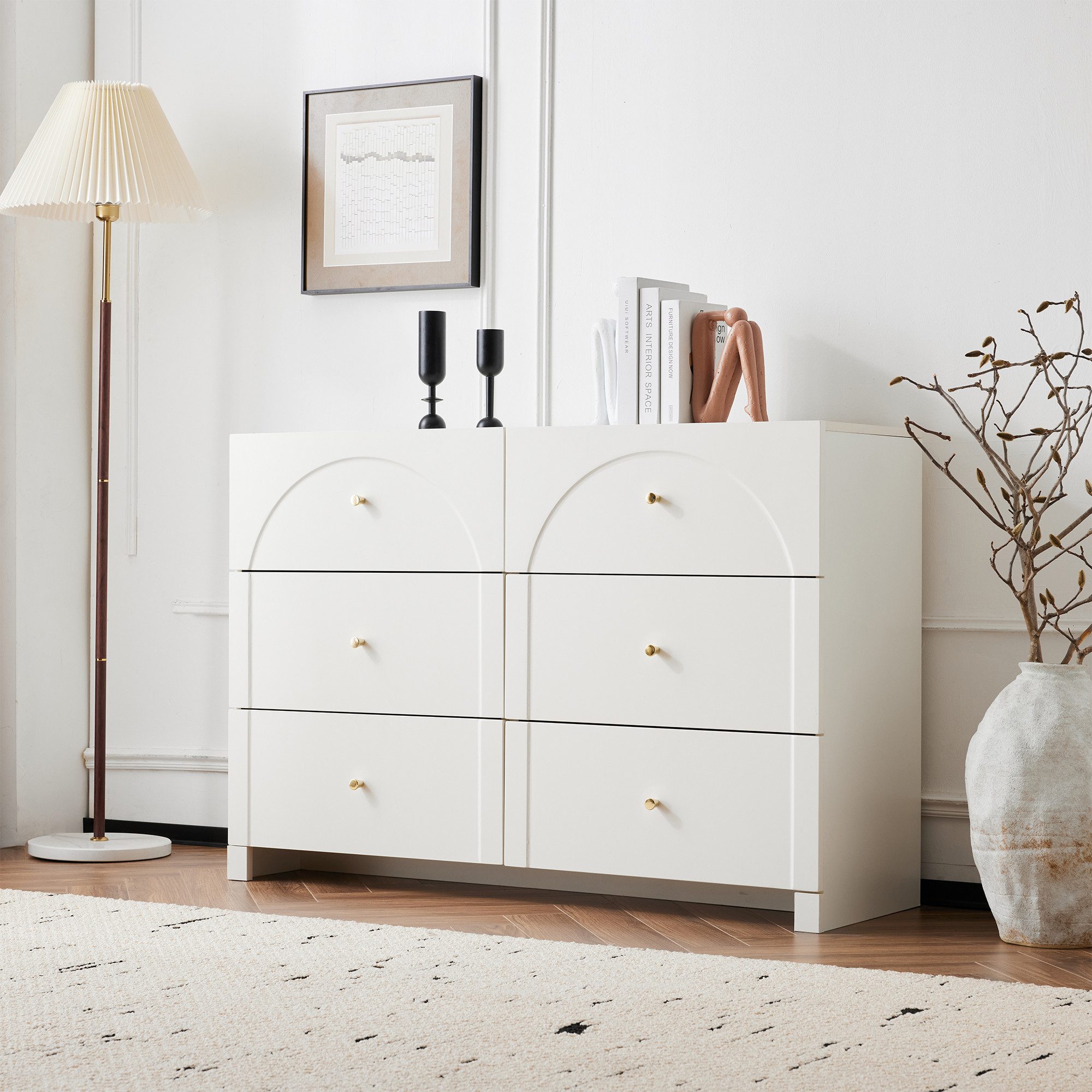 Flieks Kommode mit 6 Schubladen Weiß (Anrichte für Flur, Wohnzimmer und Schlafzimmer, 1 St., H82/B120/T40 cm), Sideboard Schubladenschrank mit 6 Stauraum Wohnzimmer