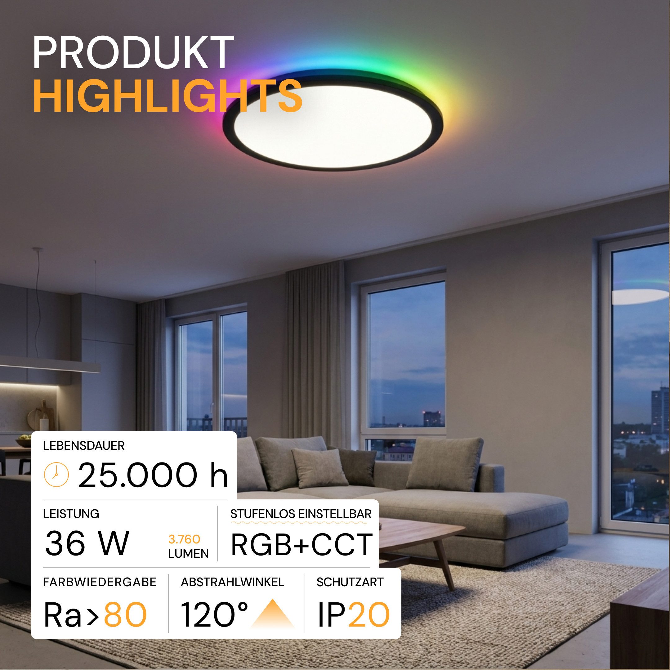 ENOVALITE Aufbauleuchte ENOVALITE LED Aufbaupanel Ø40 cm 36 W CCT einstellbar, Farbwechsler