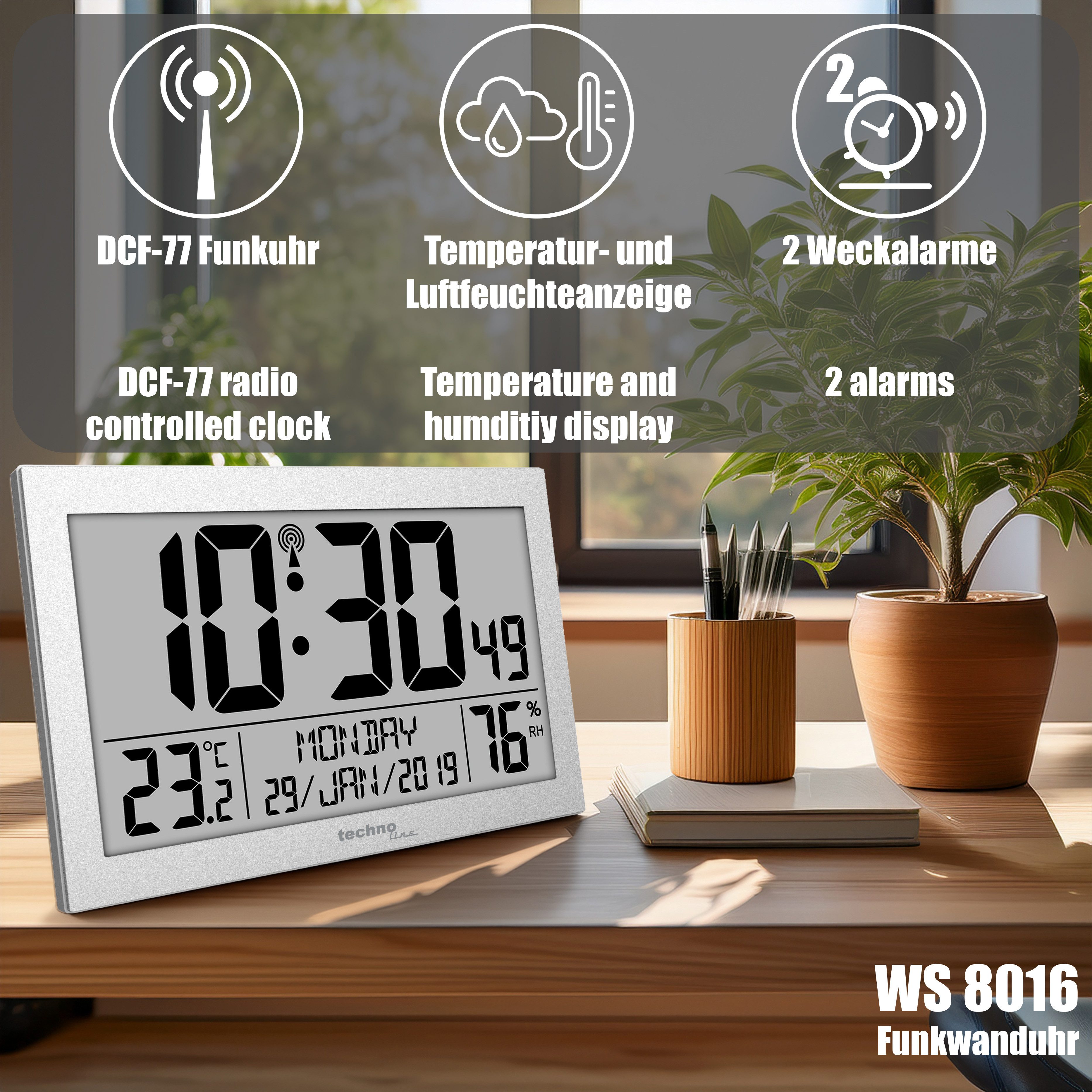 technoline Funkwanduhr WS 8016 (mit Temperatur- und Luftfeuchteanzeige)