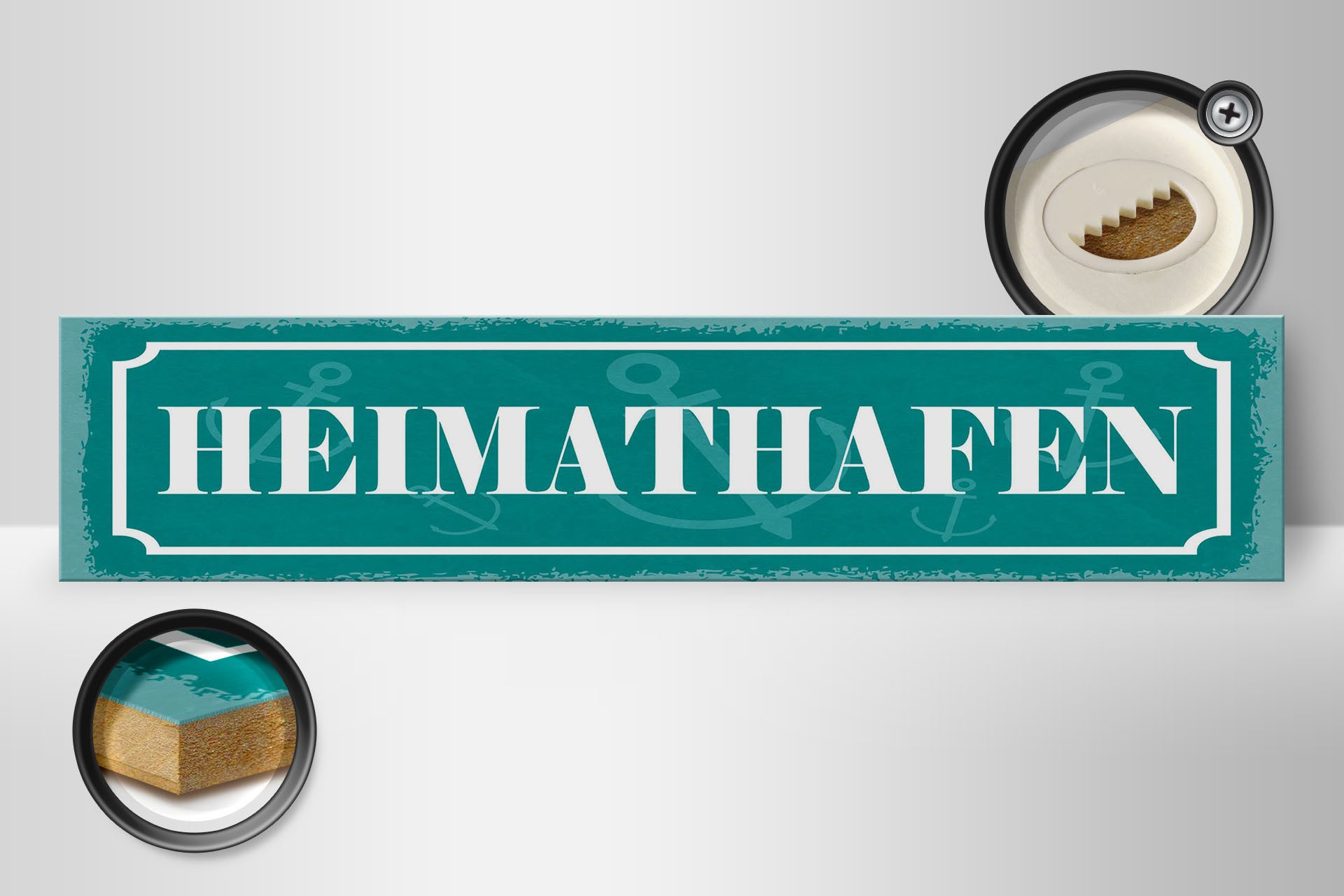 Femer GmbH Holzbild Hinweis 46x10 cm Heimathafen blaues, (1 St), Glatte Holzfaserplatte (MDF), vorn beschichtet