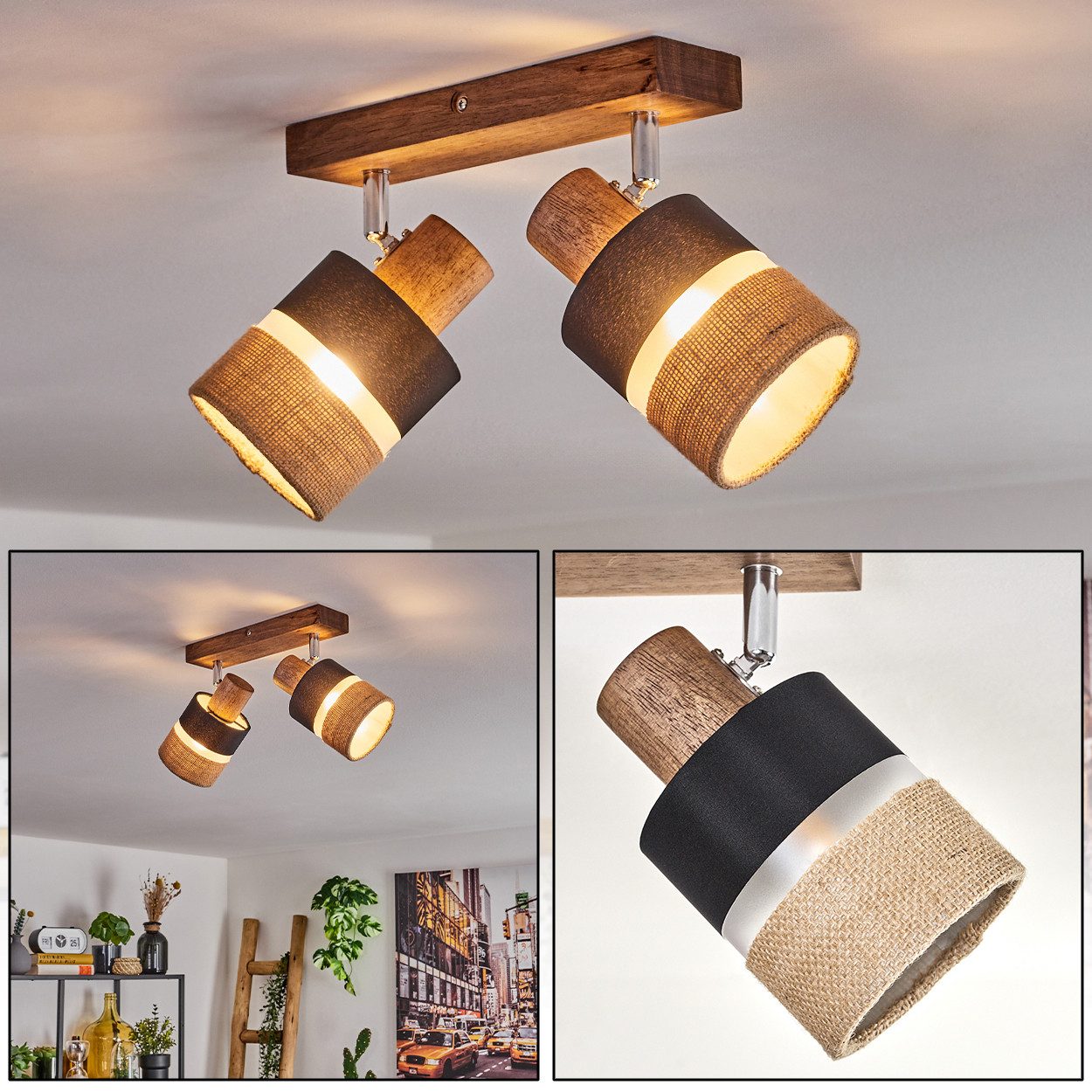 hofstein Deckenleuchte Deckenlampe aus Holz/Metall/Leinen in günstig online kaufen