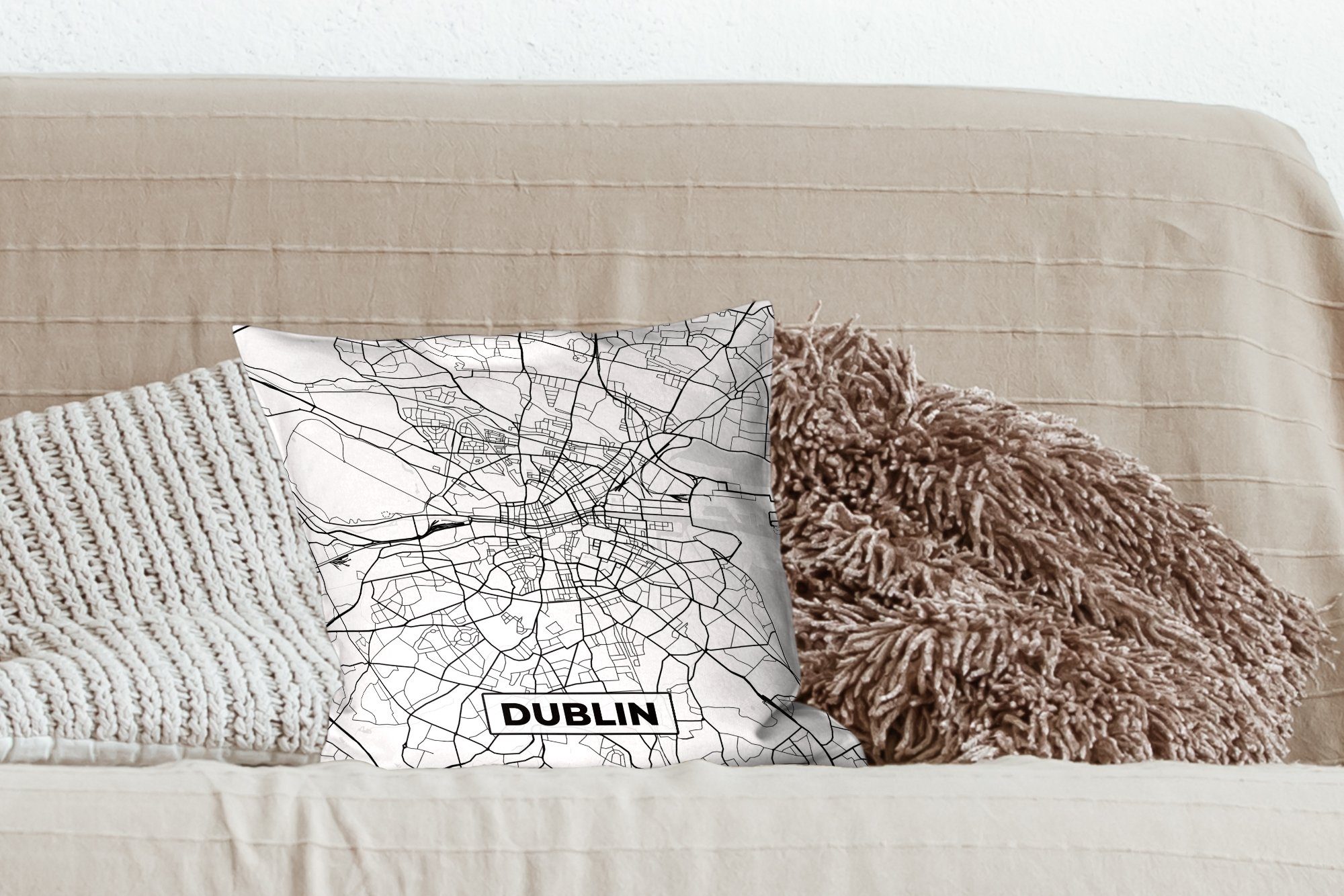 Sofakissen für mit - Dublin Dekokissen Stadtplan Zierkissen weiß Füllung MuchoWow Wohzimmer, Karte Schlafzimmer, Deko, - und - Schwarz - Karte,