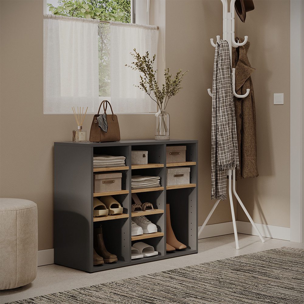 Vicco Schuhregal Lysander, Anthrazit/Goldkraft Eiche, 78.6 x 65.5 cm mit 12 offenen ..., 1-tlg.