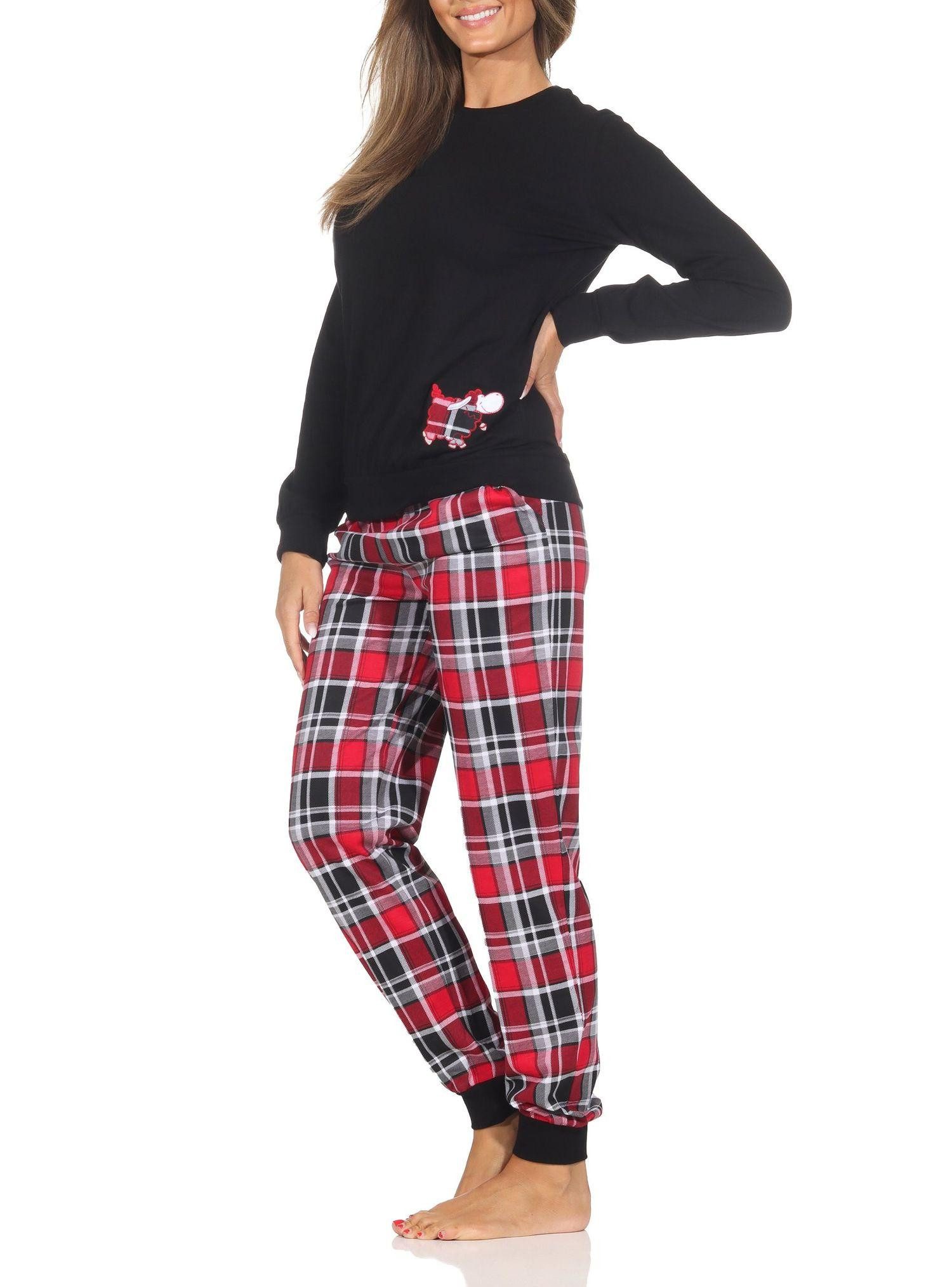 Normann Pyjama Damen Schlafanzug mit Bündchen mit Karohose und niedlichen Tiermotiv – Bild 3 von 4