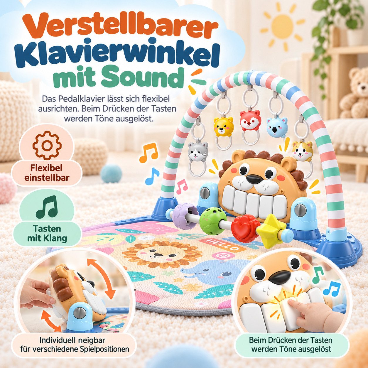 Fyrove Spielmatte Baby Spielmatte mit Spielbogen, Tretklavier, Musik und Licht (Schutzbügel, Rasseln und Greifringen, verstellbares Klavier, Aktivitätscenter fü – Bild 3 von 5