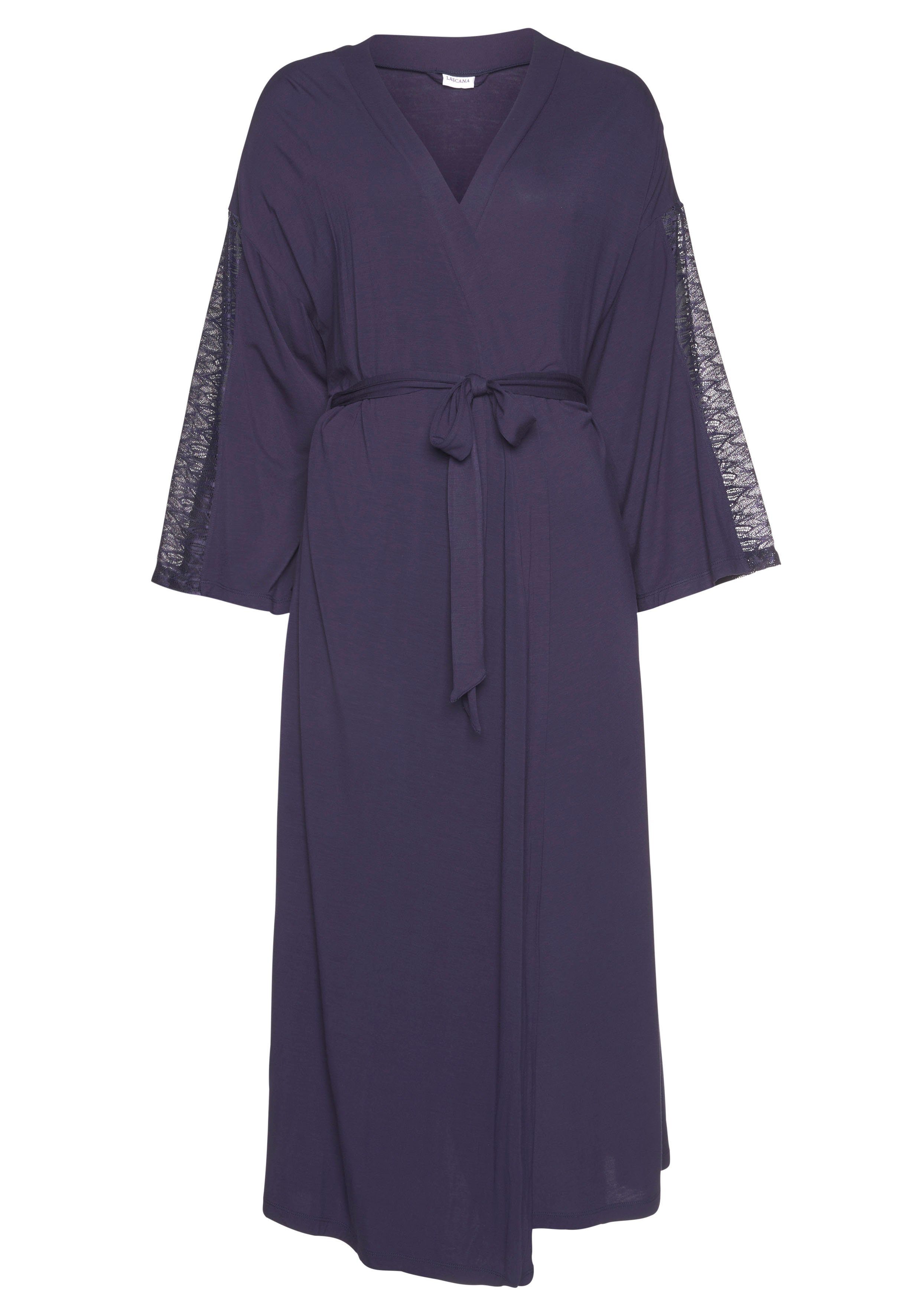 LASCANA Kimono, Langform, nachtblau Single-Jersey, mit Gürtel, Spitzendetails