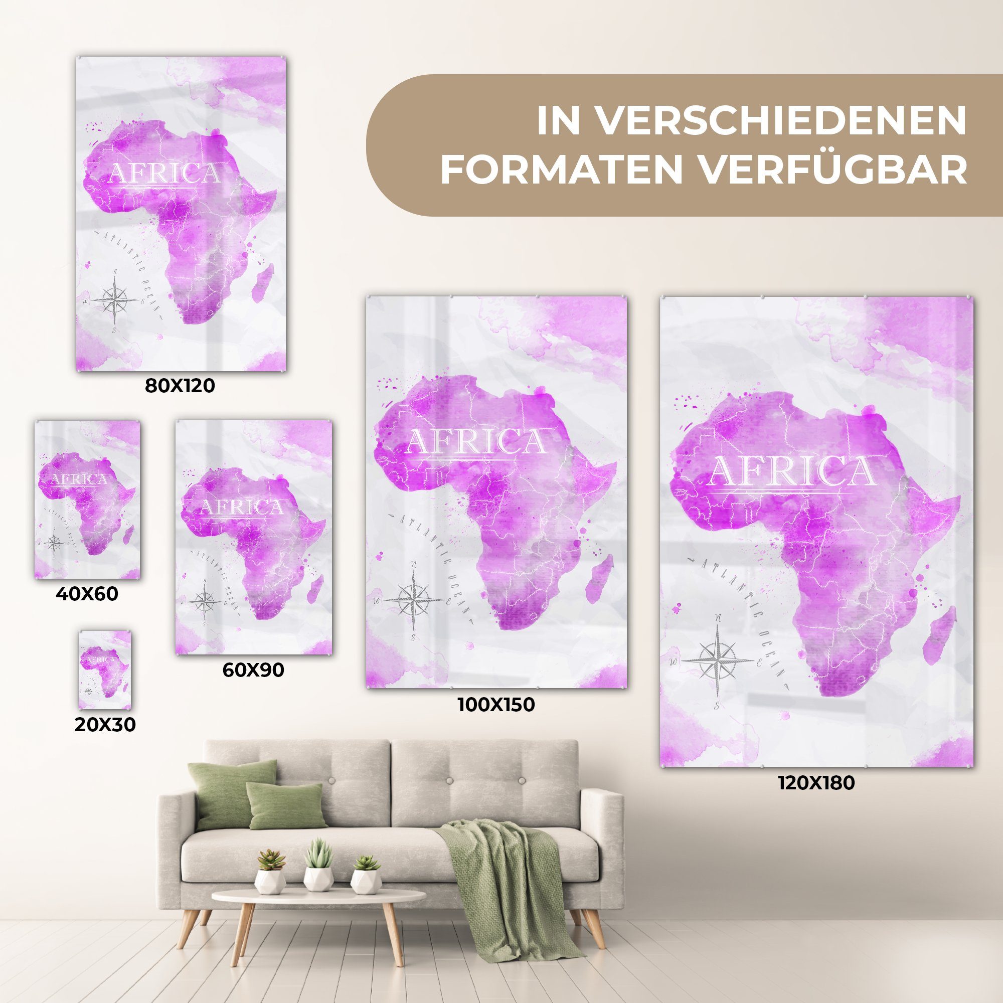 Glas Weltkarte (1 Glas - MuchoWow - Rosa Wandbild Wanddekoration - Afrika, St), Glasbilder auf Foto - Acrylglasbild - auf Bilder