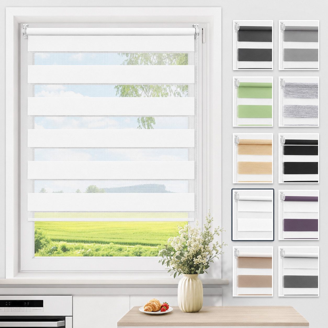 Doppelrollo ohne Bohren 130cm/150cm/230cm, OUBO, freihängend, verspannt, Klemmfix, Klemmträger, Für Fenster und Tür mit Klemmträger lichtdurchlässig verdunkelnd