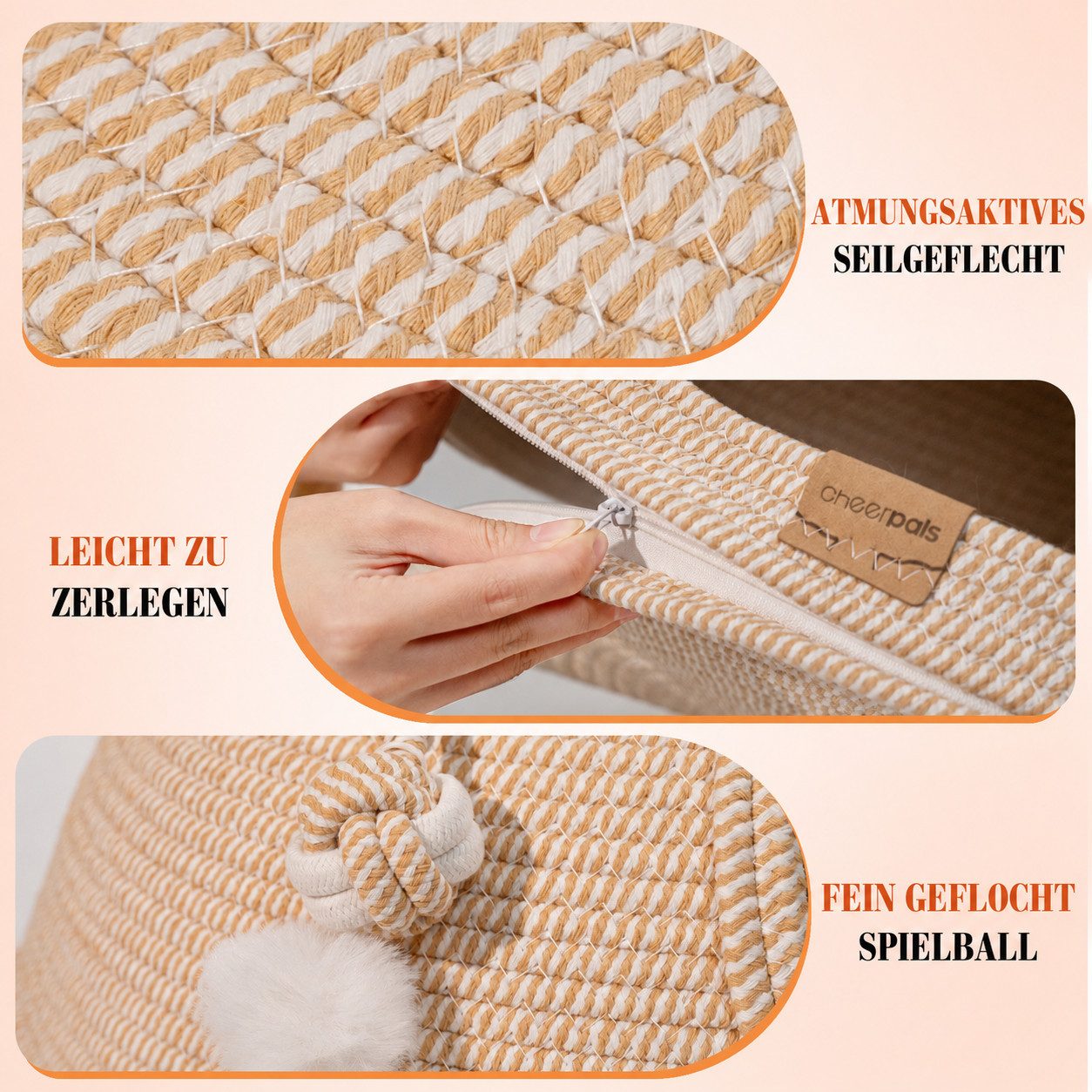 CheerPals Tierbett Formstabile 2-in-1 Katzenhöhle (53cm) aus kratzfestem Garngeflecht, Vliesstoff – Bild 5 von 5