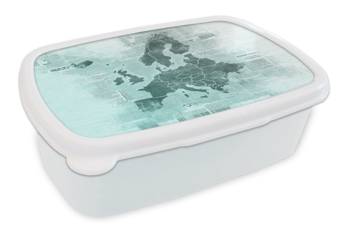 MuchoWow Lunchbox Karte von Europa - Zeitung - Blau, Kunststoff, (2-tlg), Brotbox für Kinder und Erwachsene, Brotdose, für Jungs und Mädchen weiß | Lunchboxen