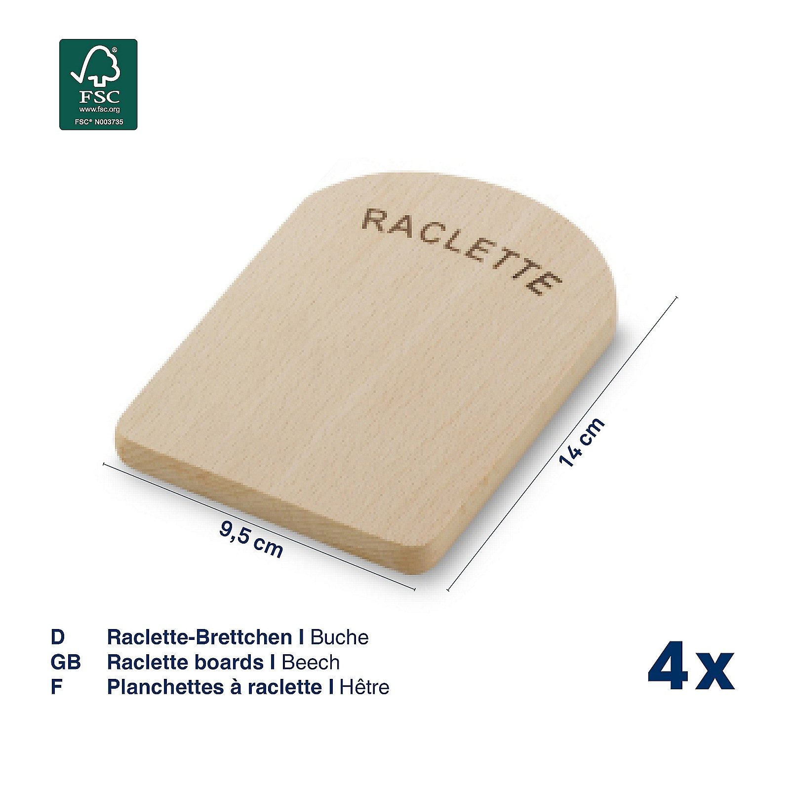 kela Raclette Baar, 4 Raclettepfännchen, Untersetzer Raclettepfännchen 4-tlg, Buche FSC zertifiziert,14x9,5x1cm