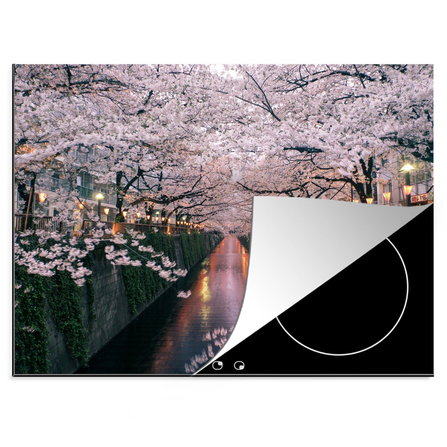 MuchoWow Herdblende-/Abdeckplatte Meguro-Fluss mit Sakura-Bäumen, Vinyl, (1 tlg), 70x52 cm, Mobile Arbeitsfläche nutzbar, Ceranfeldabdeckung