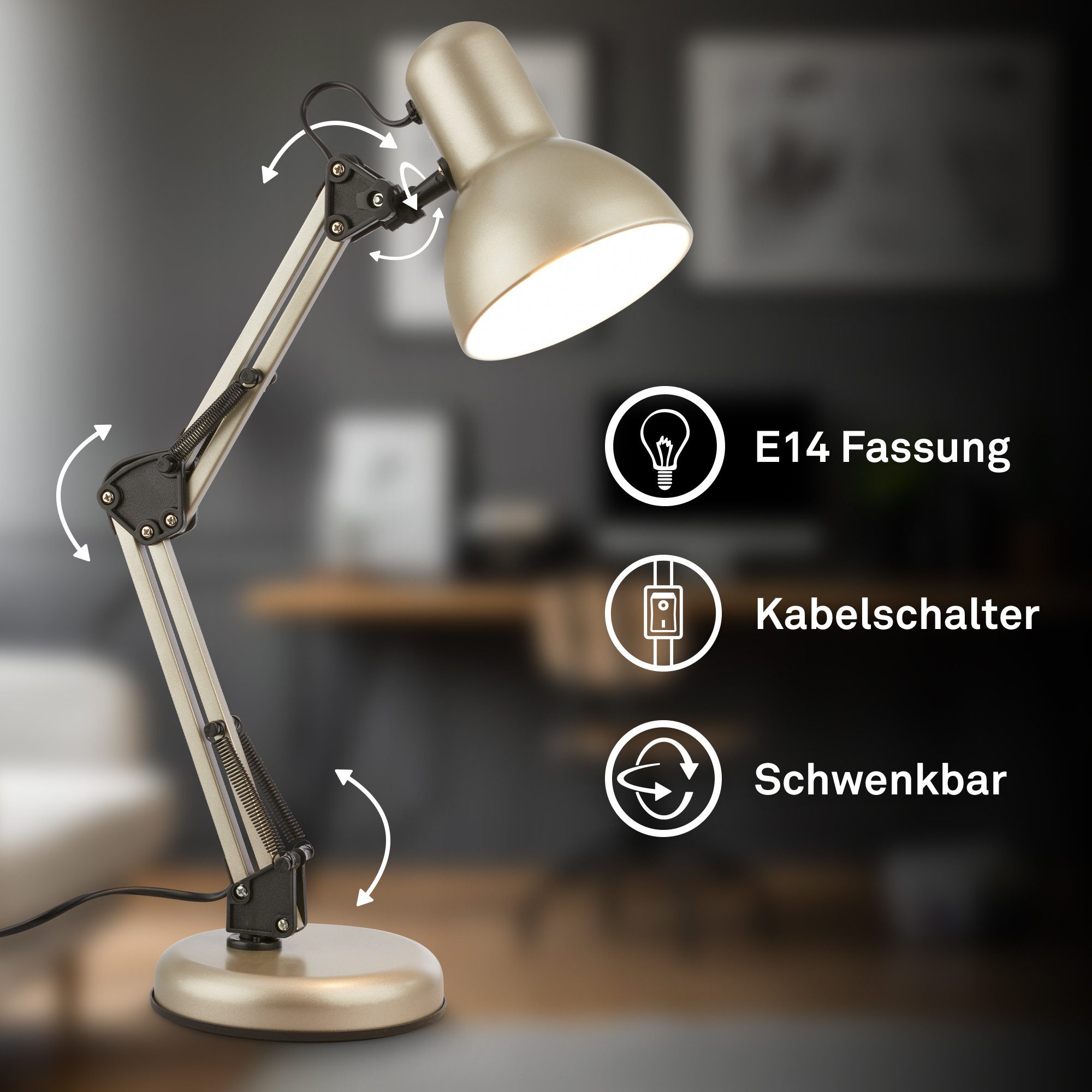 Briloner Leuchten LED Tischleuchte Tischlampe Schwenkbar Kabelschalter E14, ohne Leuchtmittel, Abhängig vom Leuchtmittel, 22,4x54,6 cm, Büro, Kinderzimmer