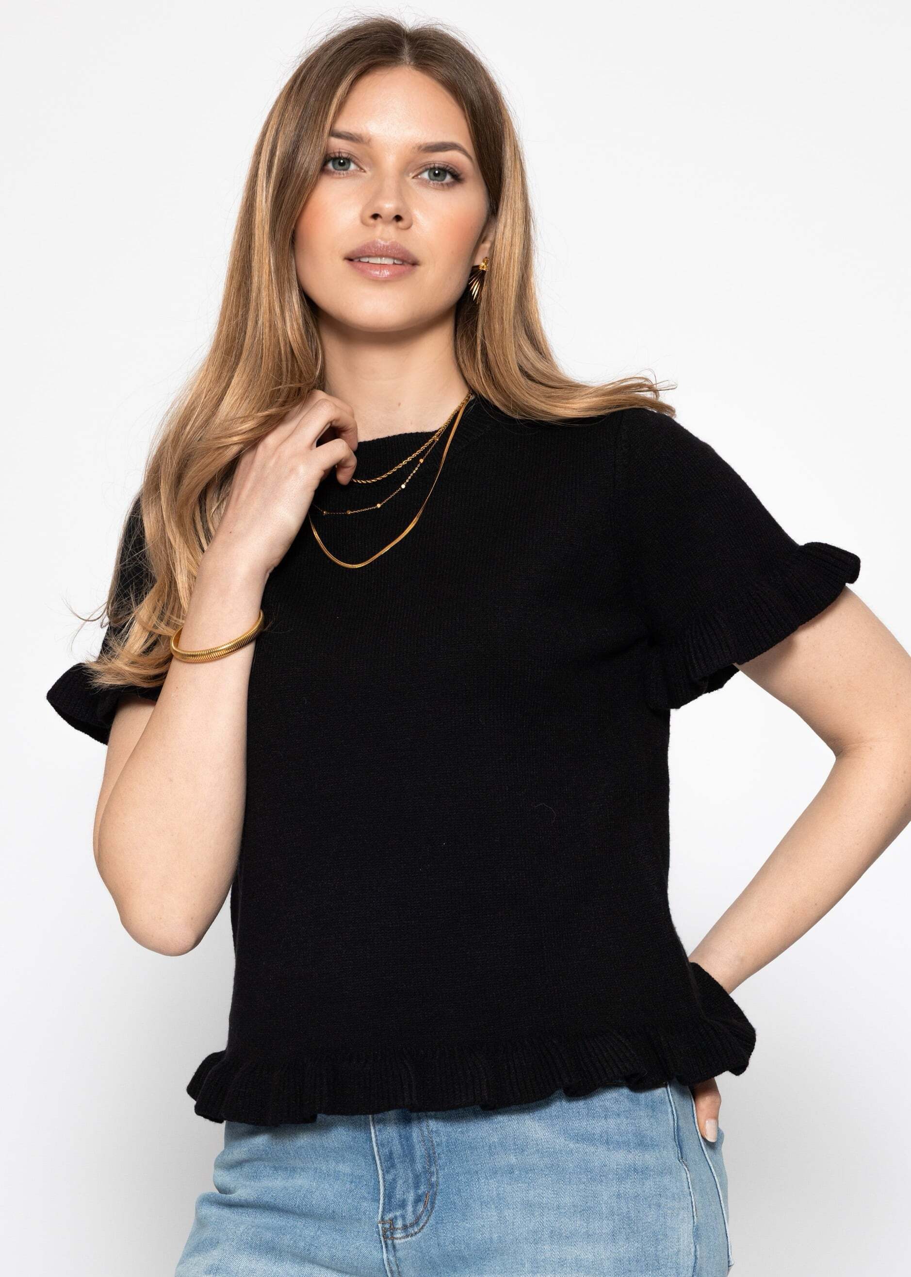 SASSYCLASSY Strickpullover Kurzarm-Pullover mit Volants für Damen Verspieltes Shirt aus Strick im geraden Schnitt mit Rundhals