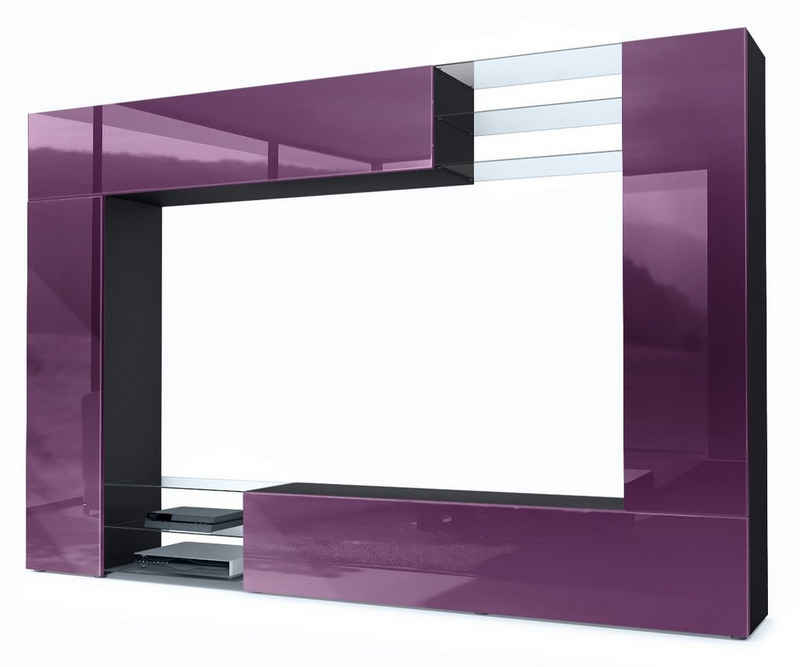Vladon Wohnwand Mirage, (Anbauwand mit Rückwand mit 2 Türen, 4-St., 2 Klappen und 6 offenen Glasablagen), Schwarz matt/Brombeer Hochglanz (262 x 183 x 39 cm)