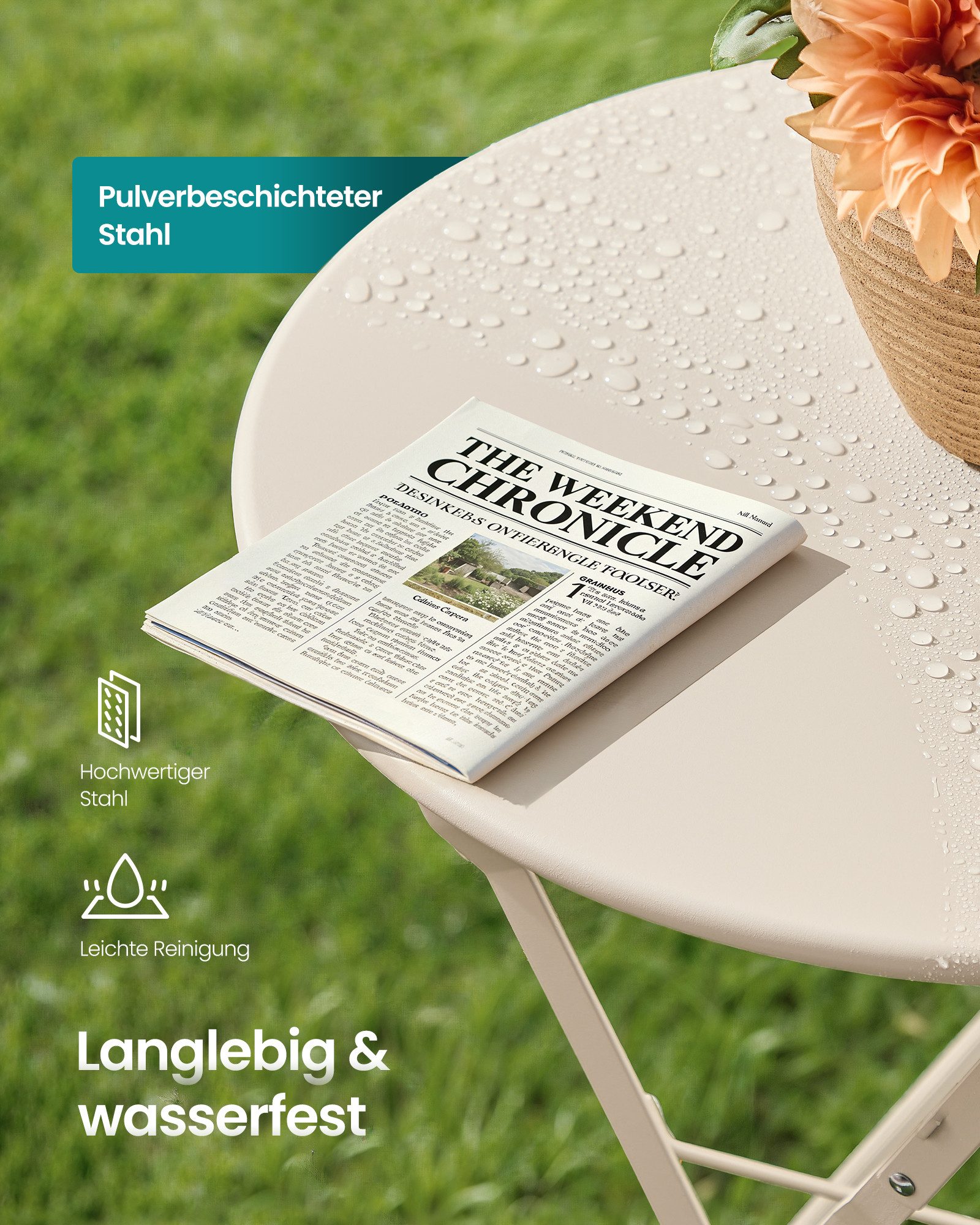 SONGMICS Balkonset, Gartenmöbel-Set, Balkonmöbel 3-teilig, 1 Klapptisch mit 2 Stühlen