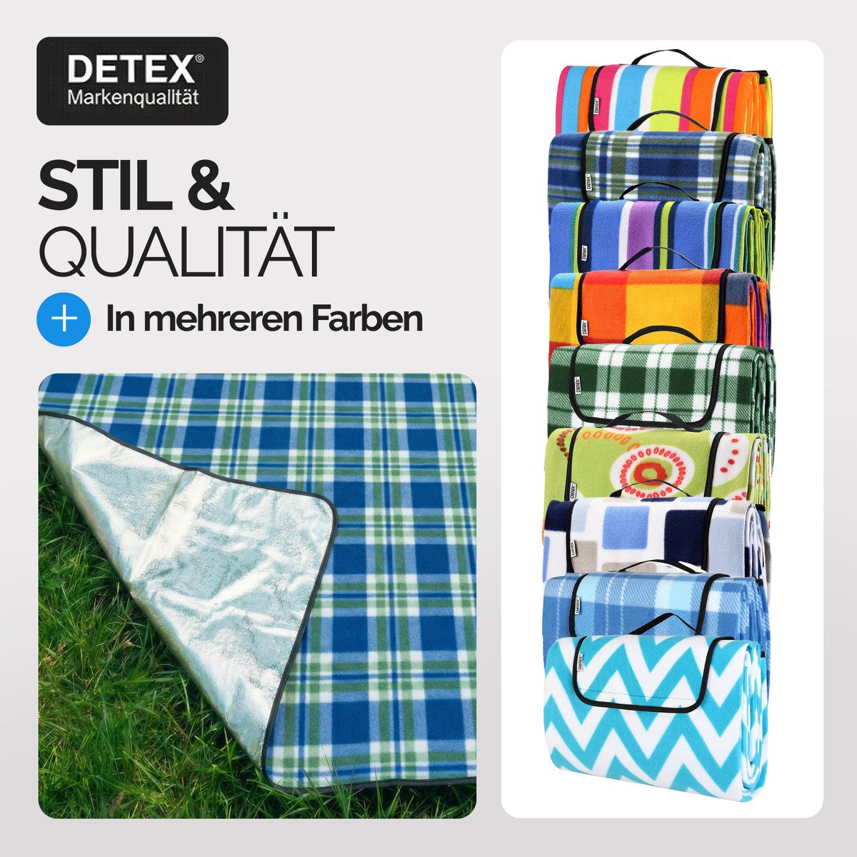 Picknickdecke, Detex, XXL 200x200 cm Wasserdicht Wärmeisoliert 4-6 Personen Karo/Blau