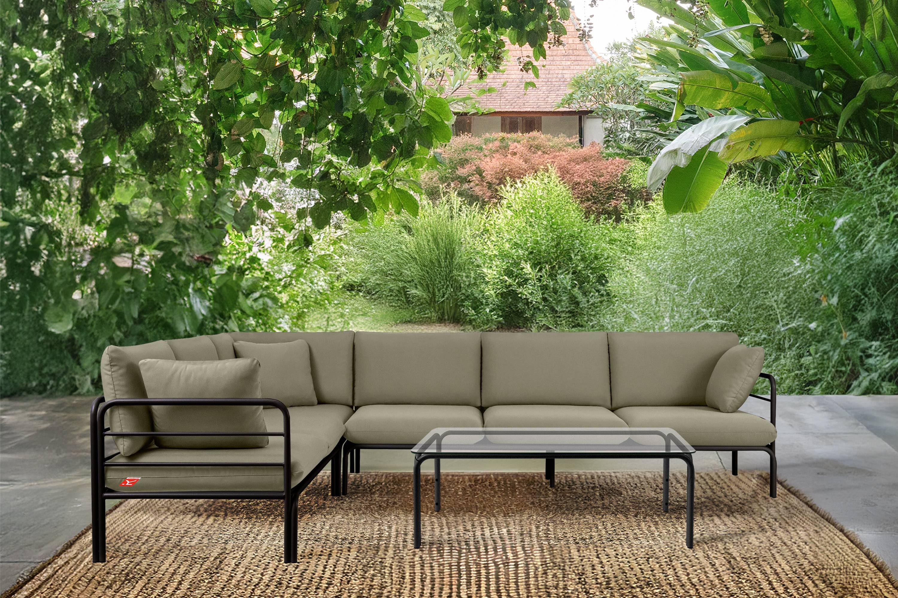 KONSIMO® Loungesofa RAMBE Ecksofa, Gartensofa, links oder rechts, hergestellt in der EU, mit Zierkissen, Gewicht: 80 kg