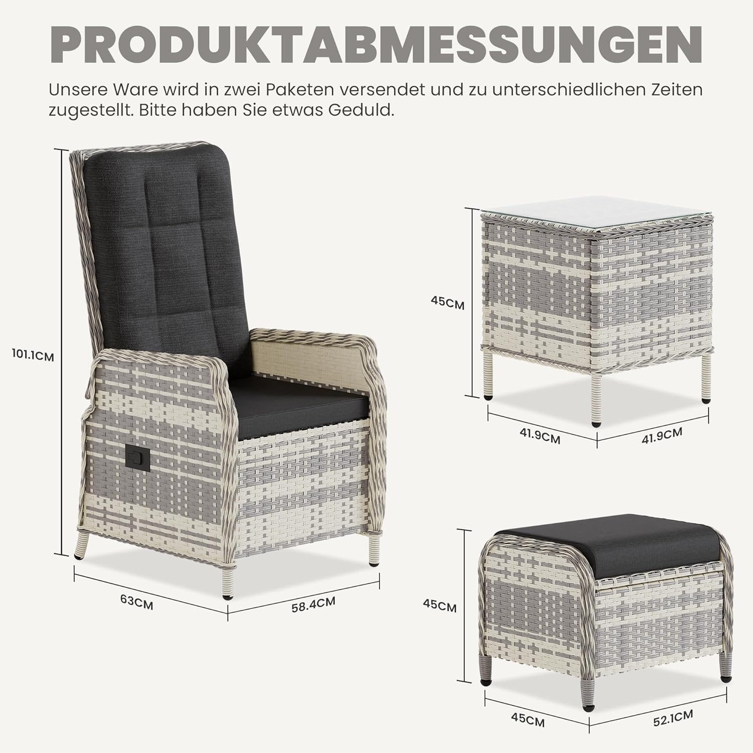 GOTLAND Gartenlounge-Set Balkonset 2 Personen, Rattan Gartenmöbel-Set, Lounge Möbel Outdoor, (5-tlg), mit 118° Rückenlehne & Fußhocker, hochwertige Polster & Glastisch