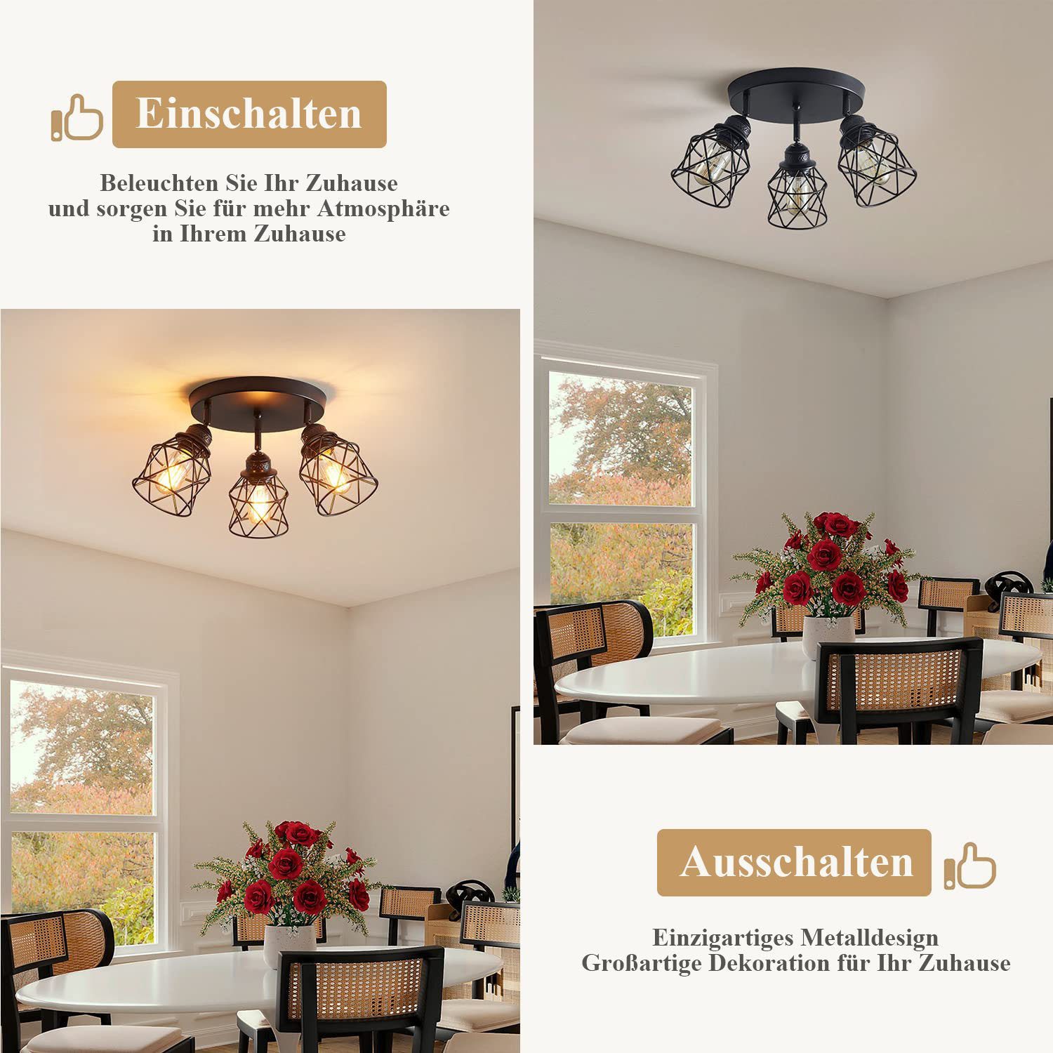 feinlux LED Deckenspots E27 3 Flammig LED-Deckenstrahler Modern Deckenlampe, LED fest integriert, Warmweiß, 360°Schwenkbar Mit 3 LED-Leuchtmitteln, LED fest integriert