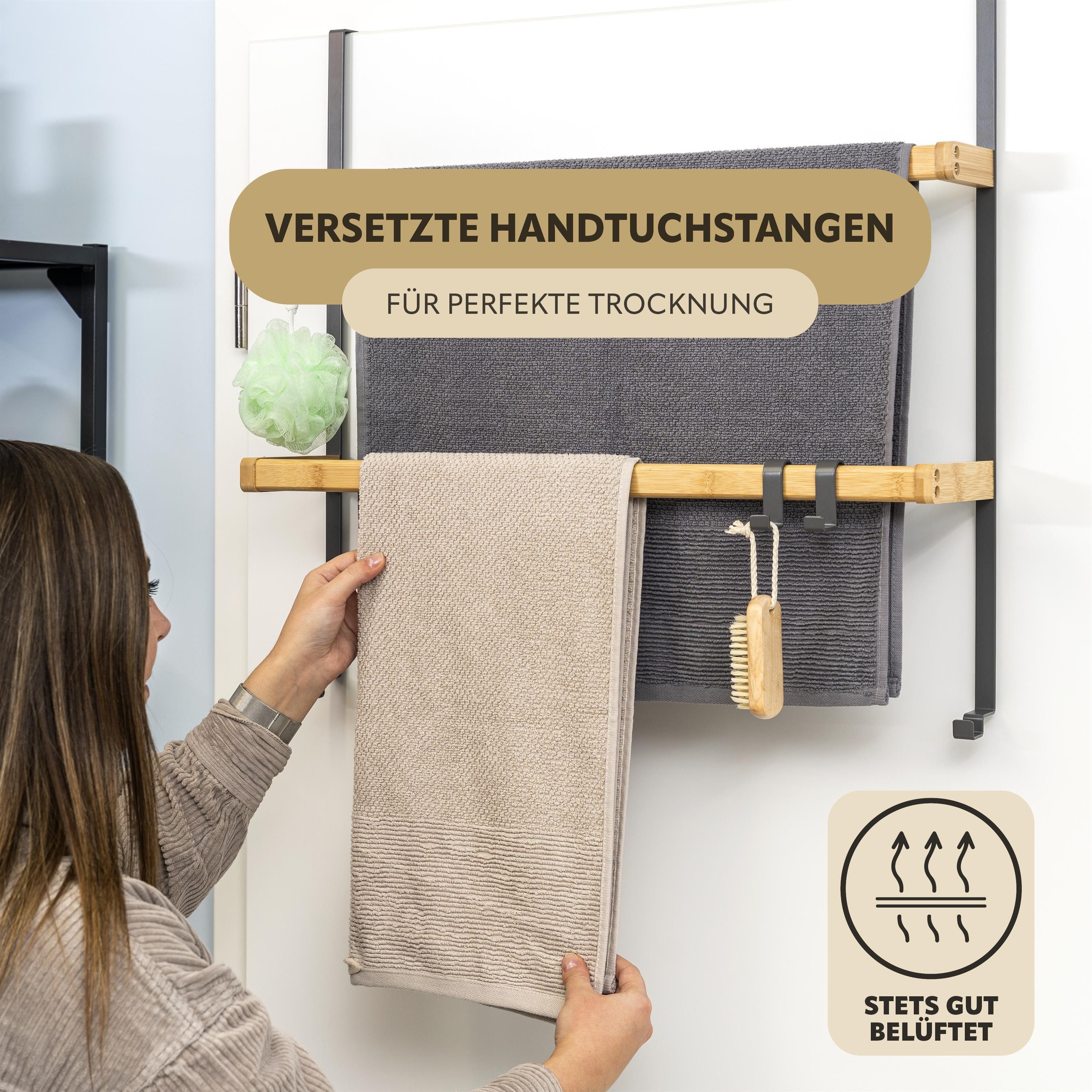 eluno Türregal aus Metall und Bambus, 2 Handtuchstangen, 4 Haken